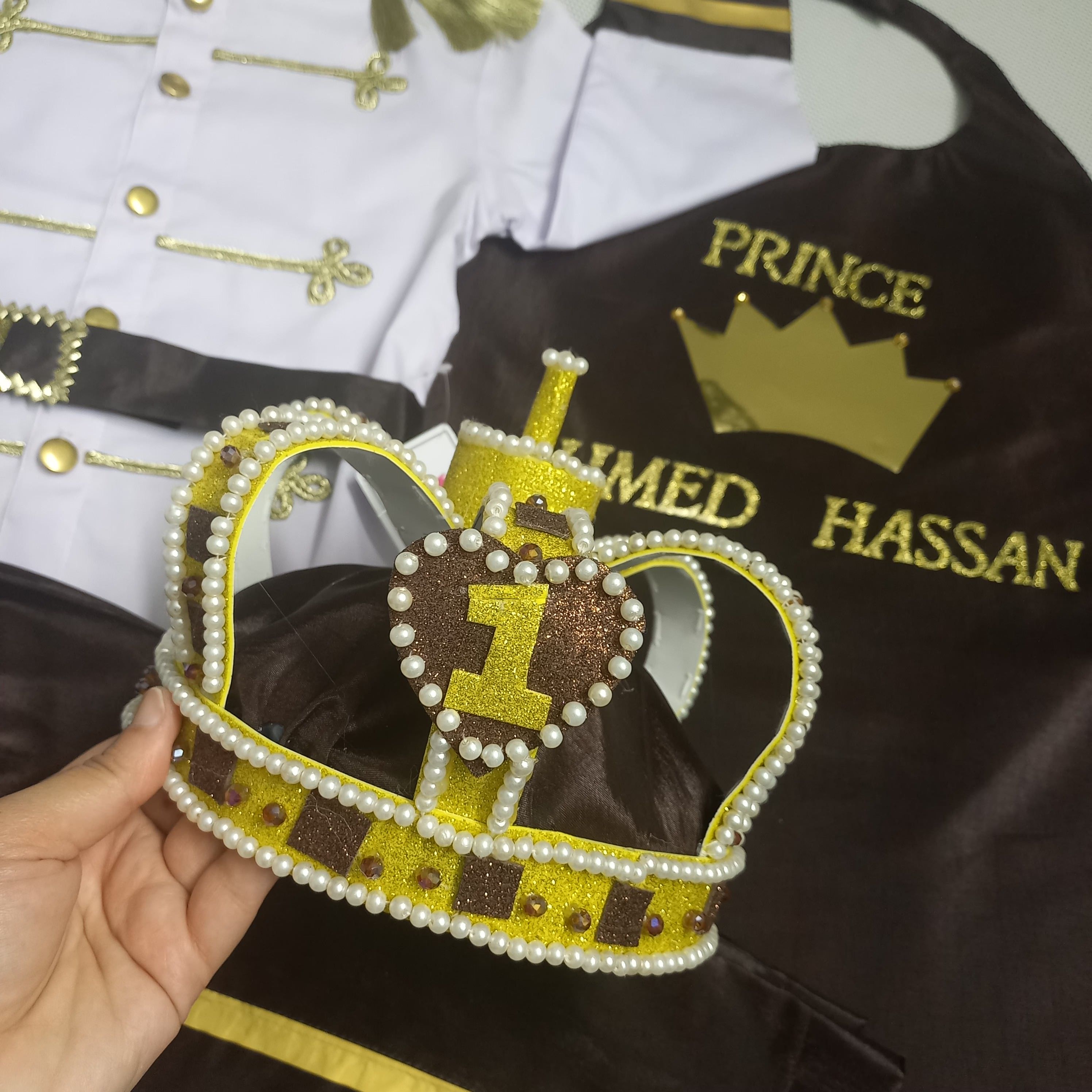 Brown King Crown Prince Dress (5 Piece) – handmade boys outfit, uniform shirt with silk trousers and cape, made to order in Pakistan