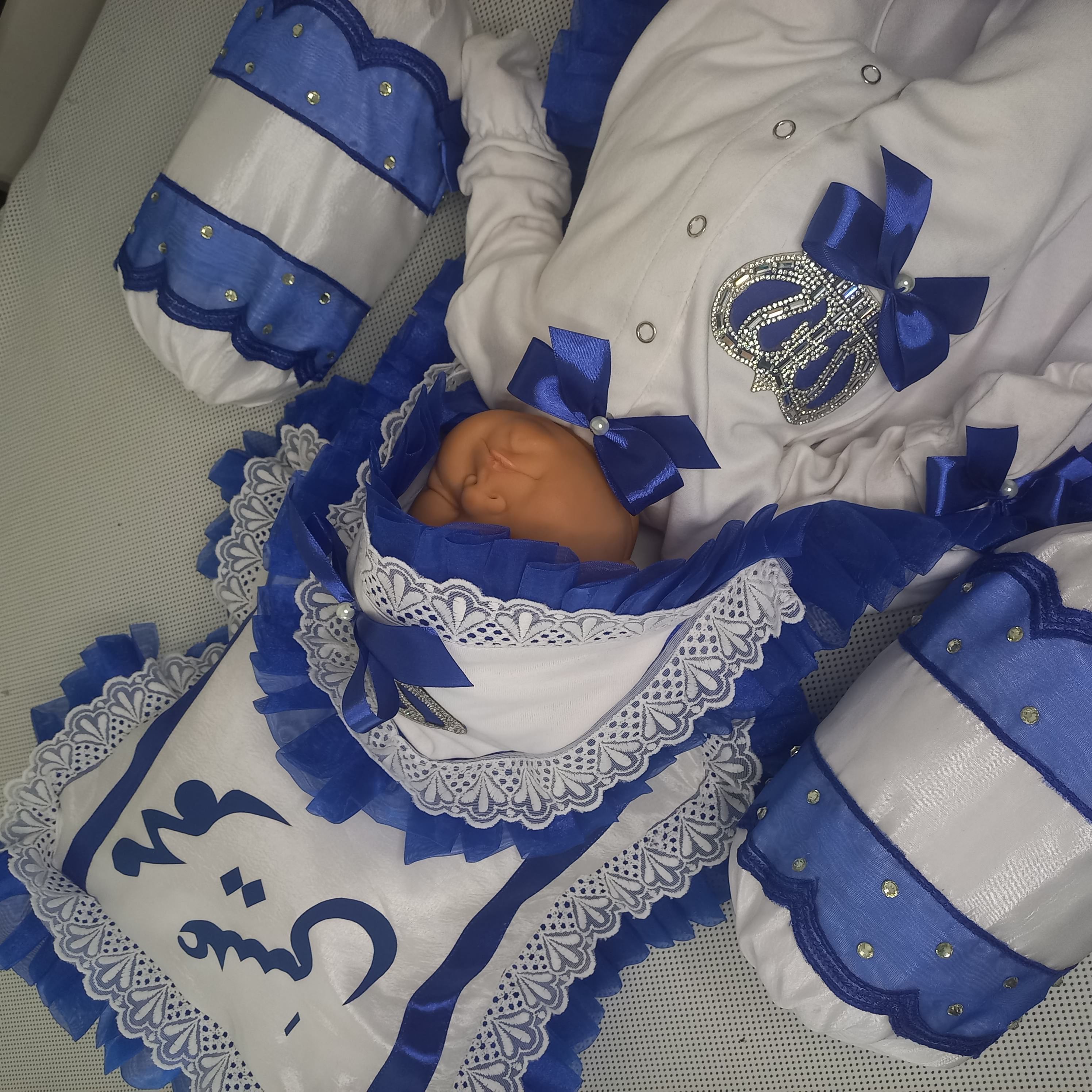 Baby Set with Pillow + Cushions – handmade baby outfit, soft cotton with navy trim across all pieces, made to order in Pakistan