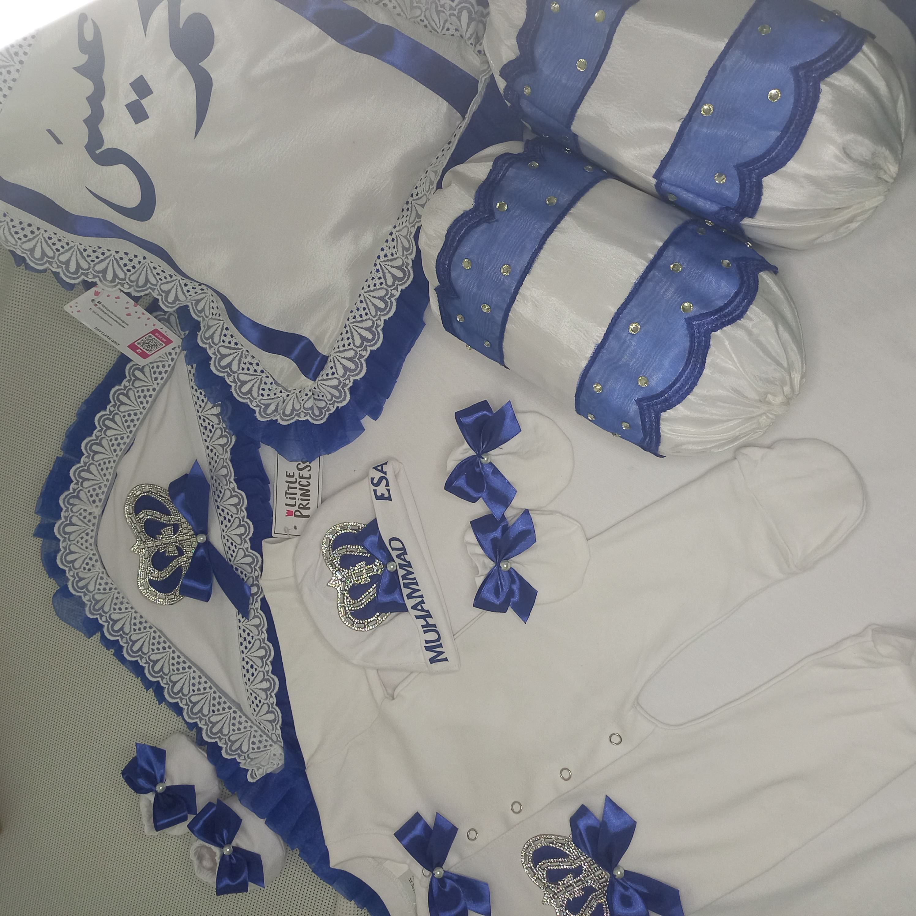 Baby Set with Pillow + Cushions – handmade baby outfit, soft cotton with navy trim across all pieces, made to order in Pakistan