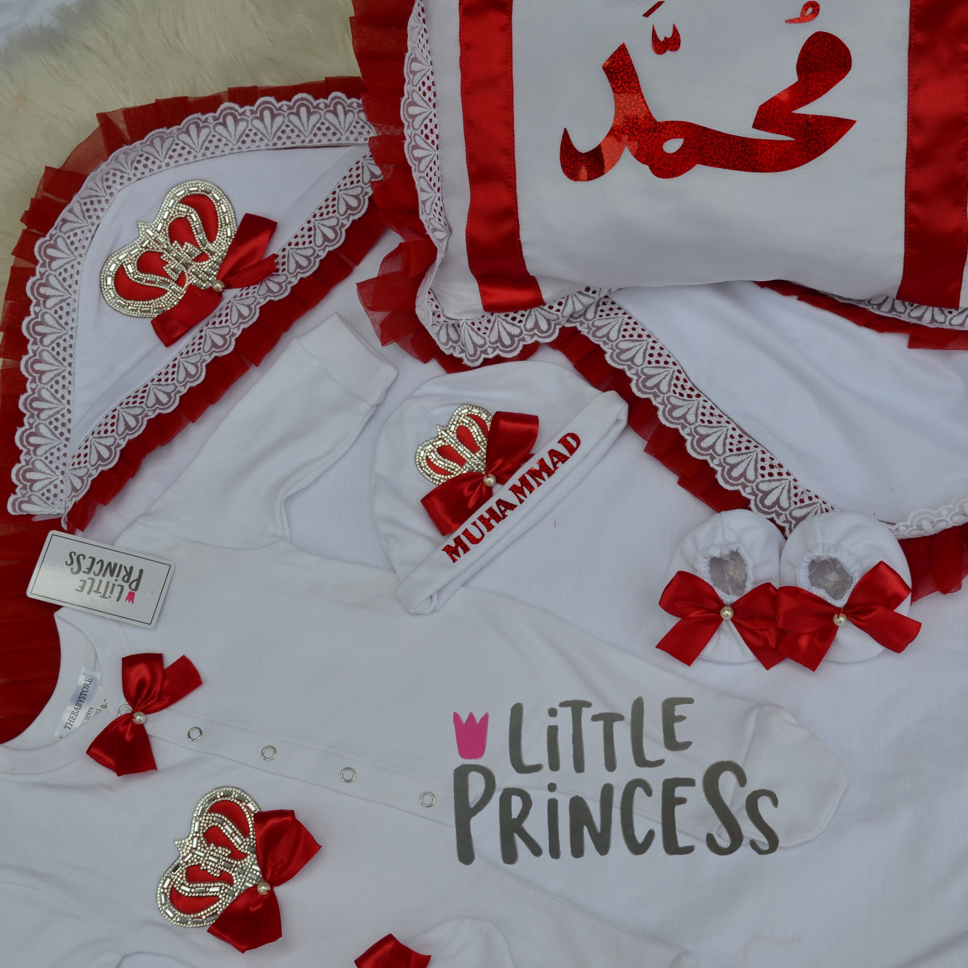 Baby Set with Pillow – handmade baby outfit, soft cotton with red trim across all pieces, made to order in Pakistan