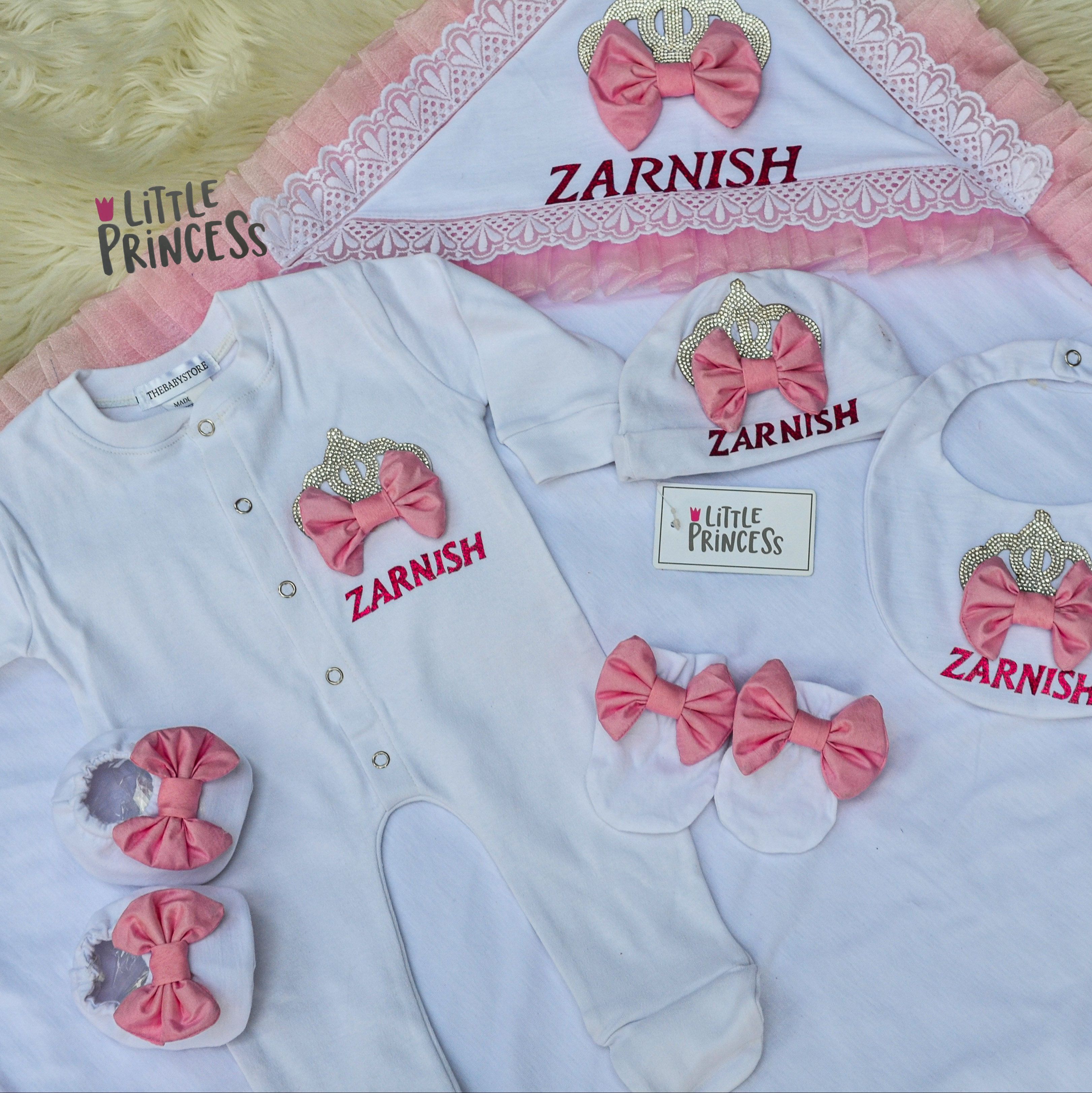 New Born Girl Set – handmade baby outfit, soft cotton with pink trim across all pieces, made to order in Pakistan