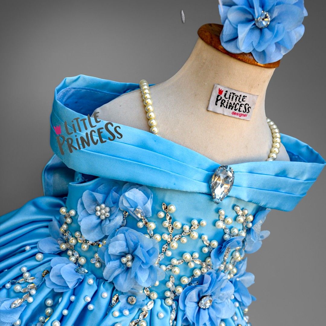 Blue Horizon Dress – handmade girls outfit, silk dress with a beaded floral body and a tiered skirt, made to order in Pakistan