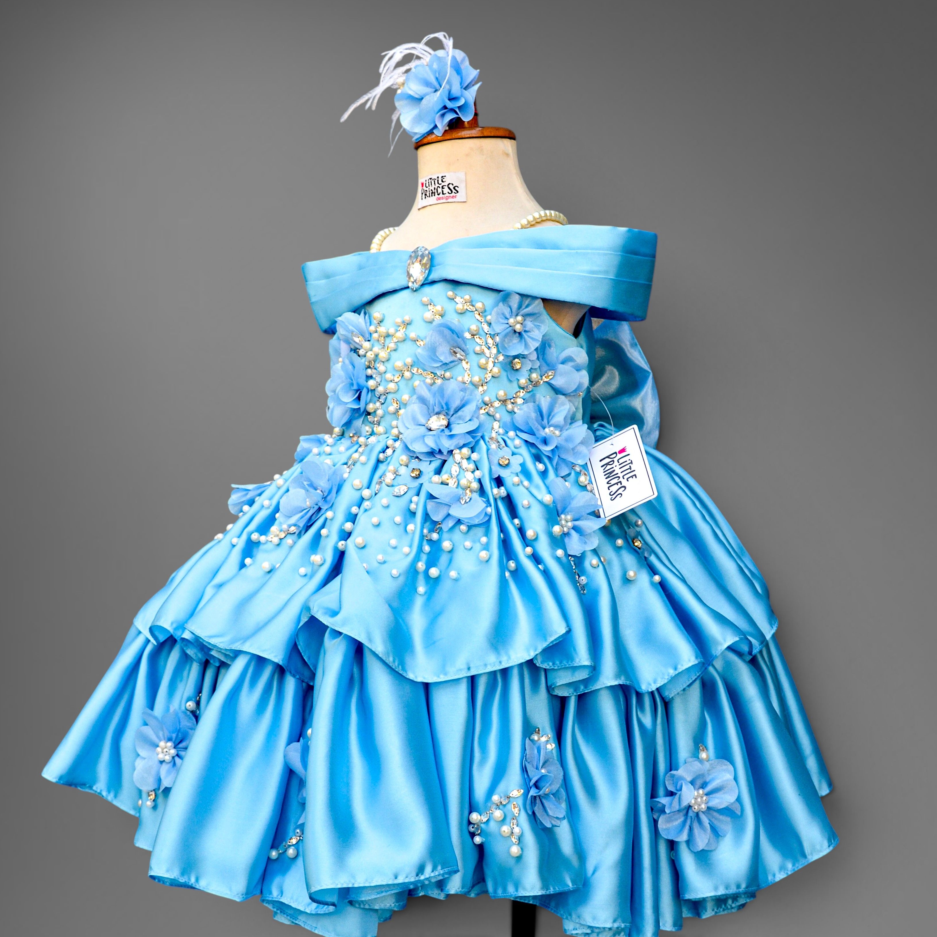 Blue Horizon Dress – handmade girls outfit, silk dress with a beaded floral body and a tiered skirt, made to order in Pakistan