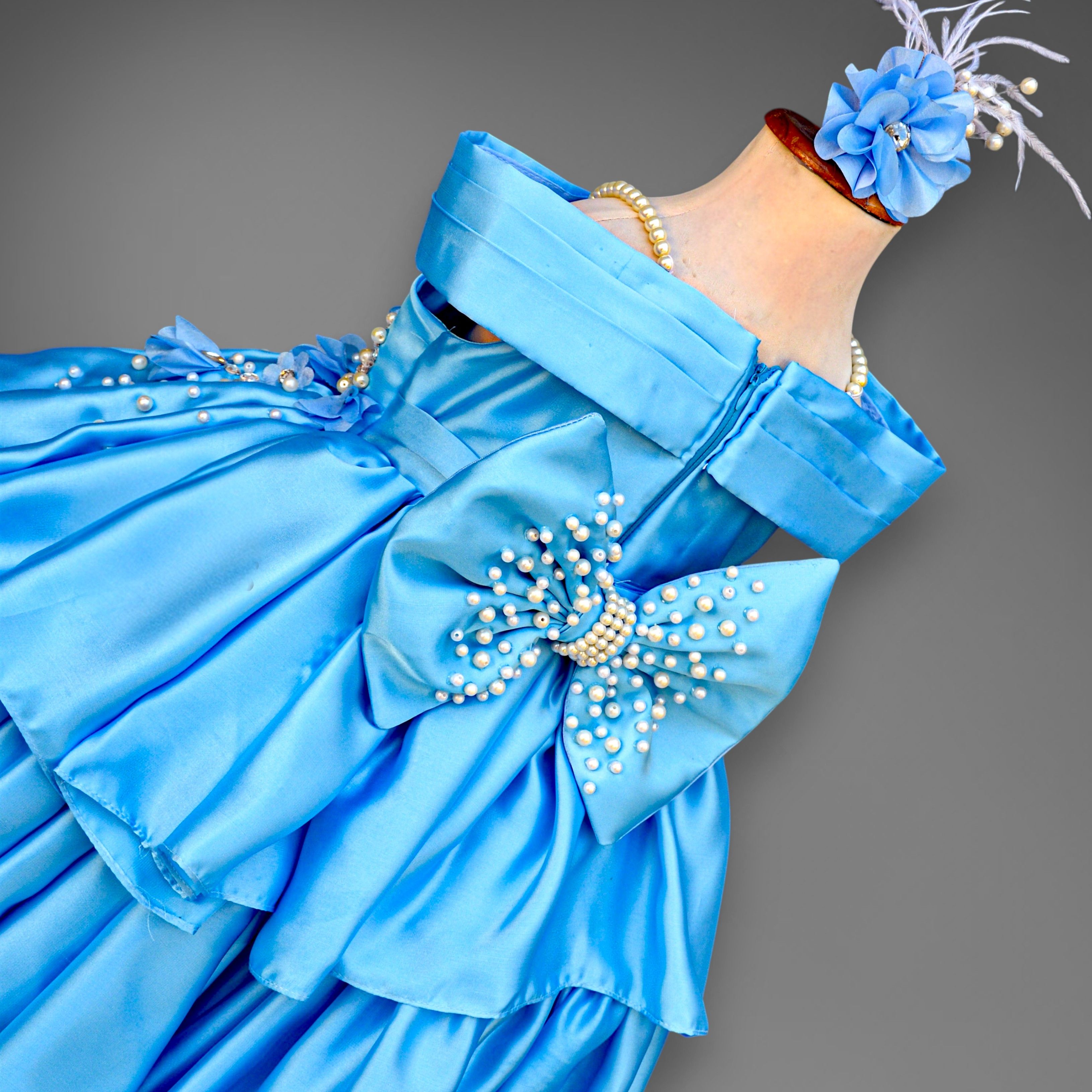 Blue Horizon Dress – handmade girls outfit, silk dress with a beaded floral body and a tiered skirt, made to order in Pakistan