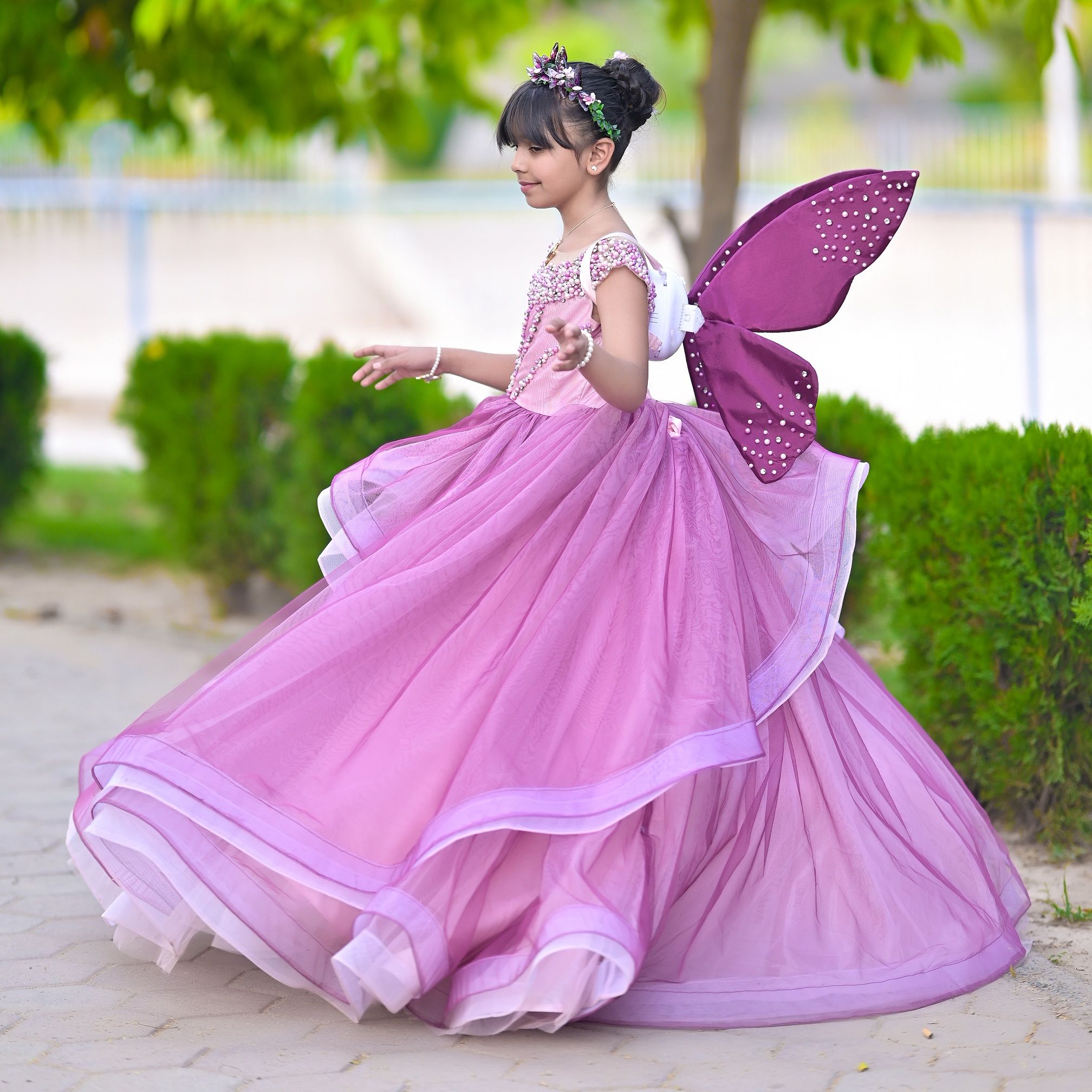 Lavender Fairytale Ballgown – handmade girls outfit, silk upper body and layered net tiered skirt, made to order in Pakistan