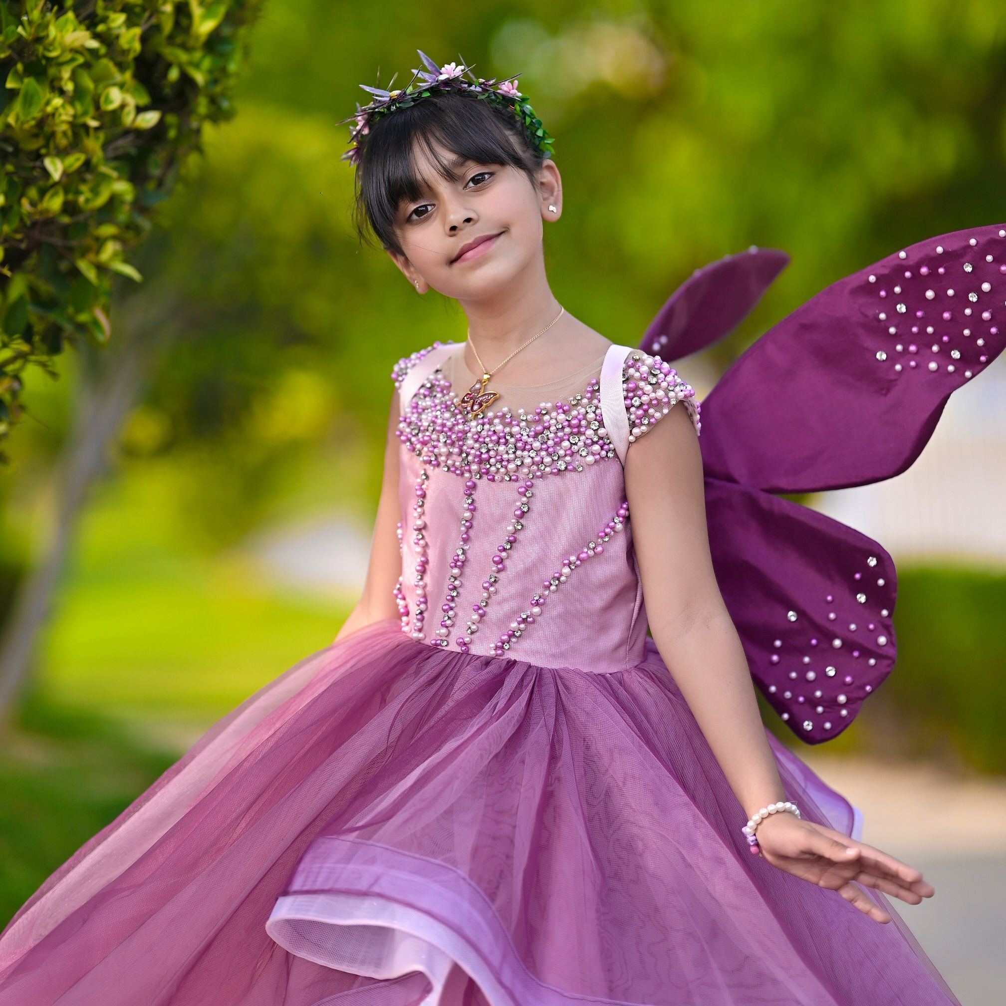 Lavender Fairytale Ballgown – handmade girls outfit, silk upper body and layered net tiered skirt, made to order in Pakistan