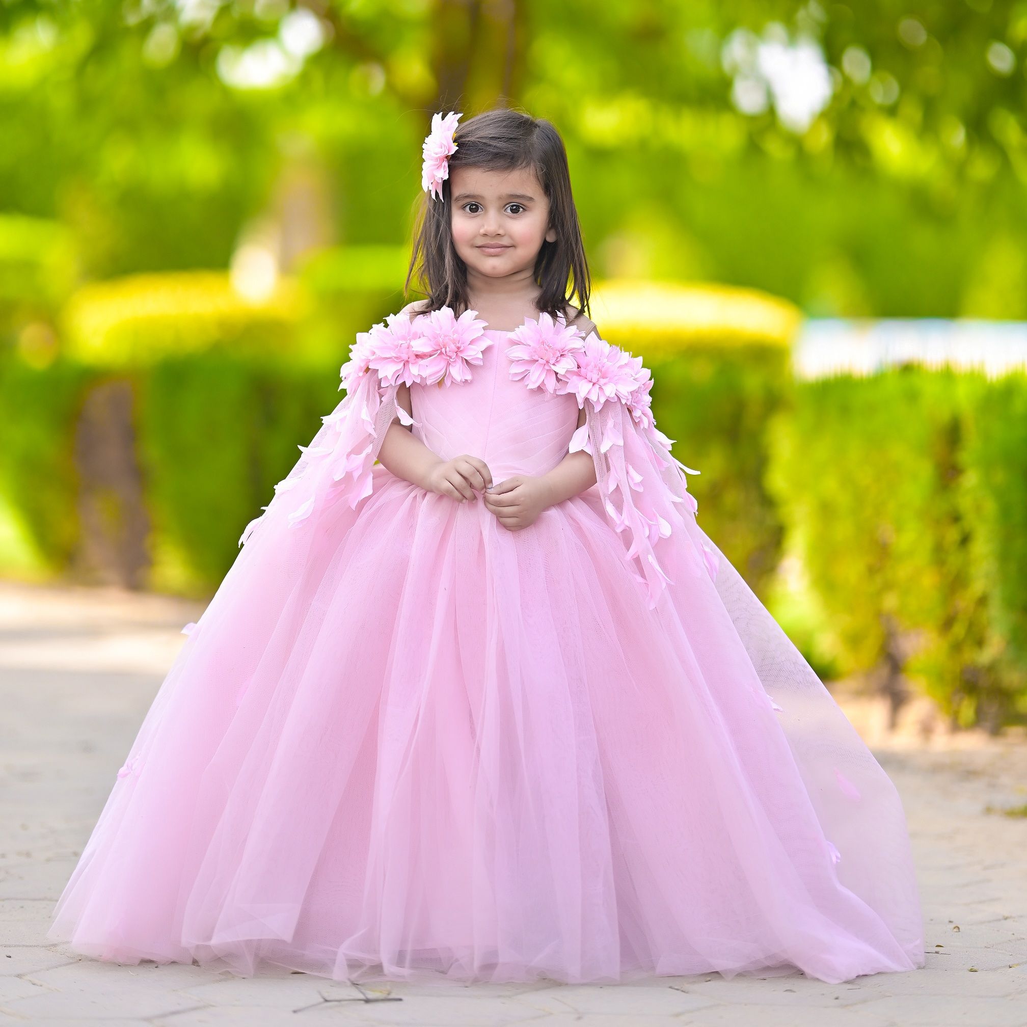 Blush Rose Petal Ballgown – handmade girls outfit, silk upper body with multi-layered net skirt, made to order in Pakistan