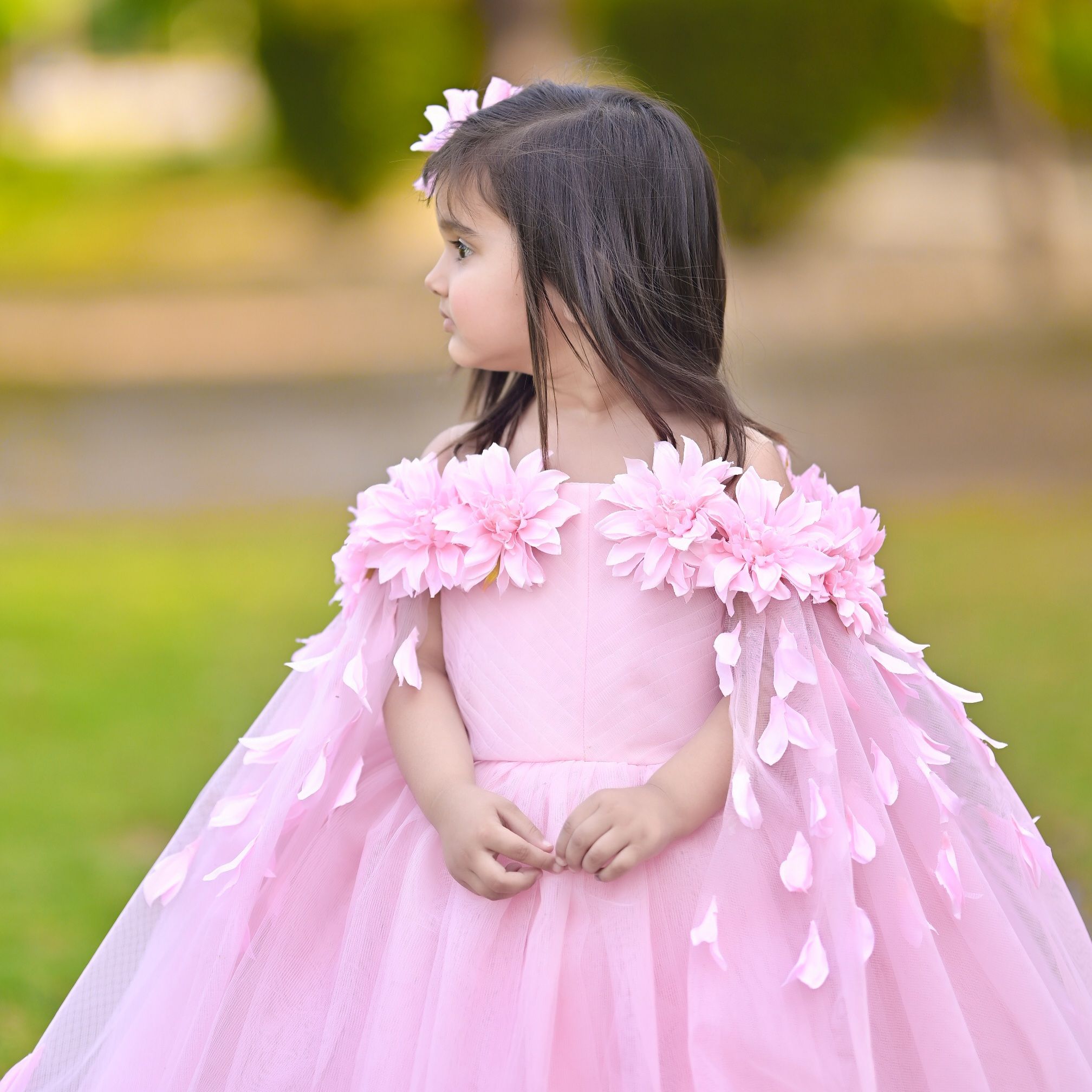 Blush Rose Petal Ballgown – handmade girls outfit, silk upper body with multi-layered net skirt, made to order in Pakistan