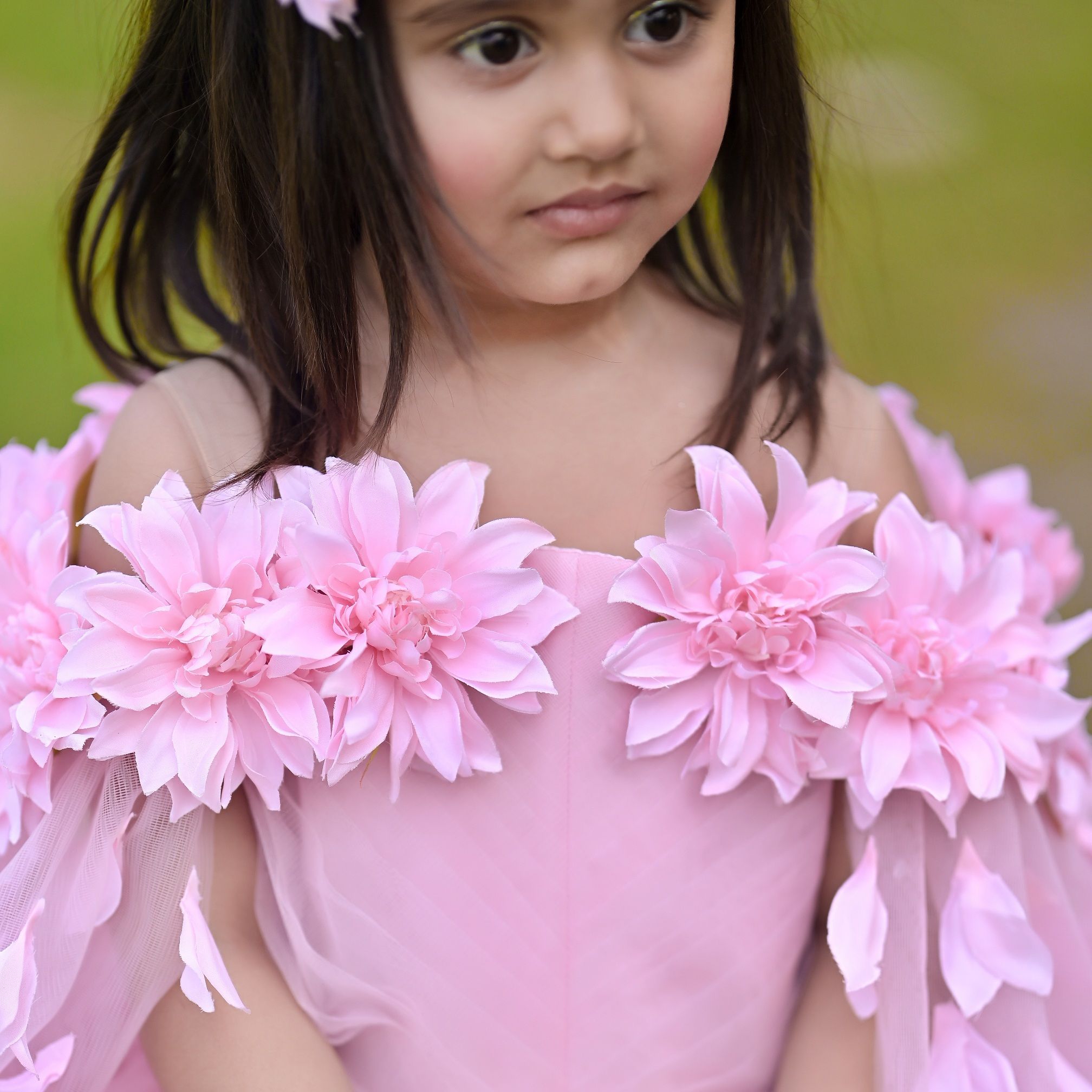 Blush Rose Petal Ballgown – handmade girls outfit, silk upper body with multi-layered net skirt, made to order in Pakistan