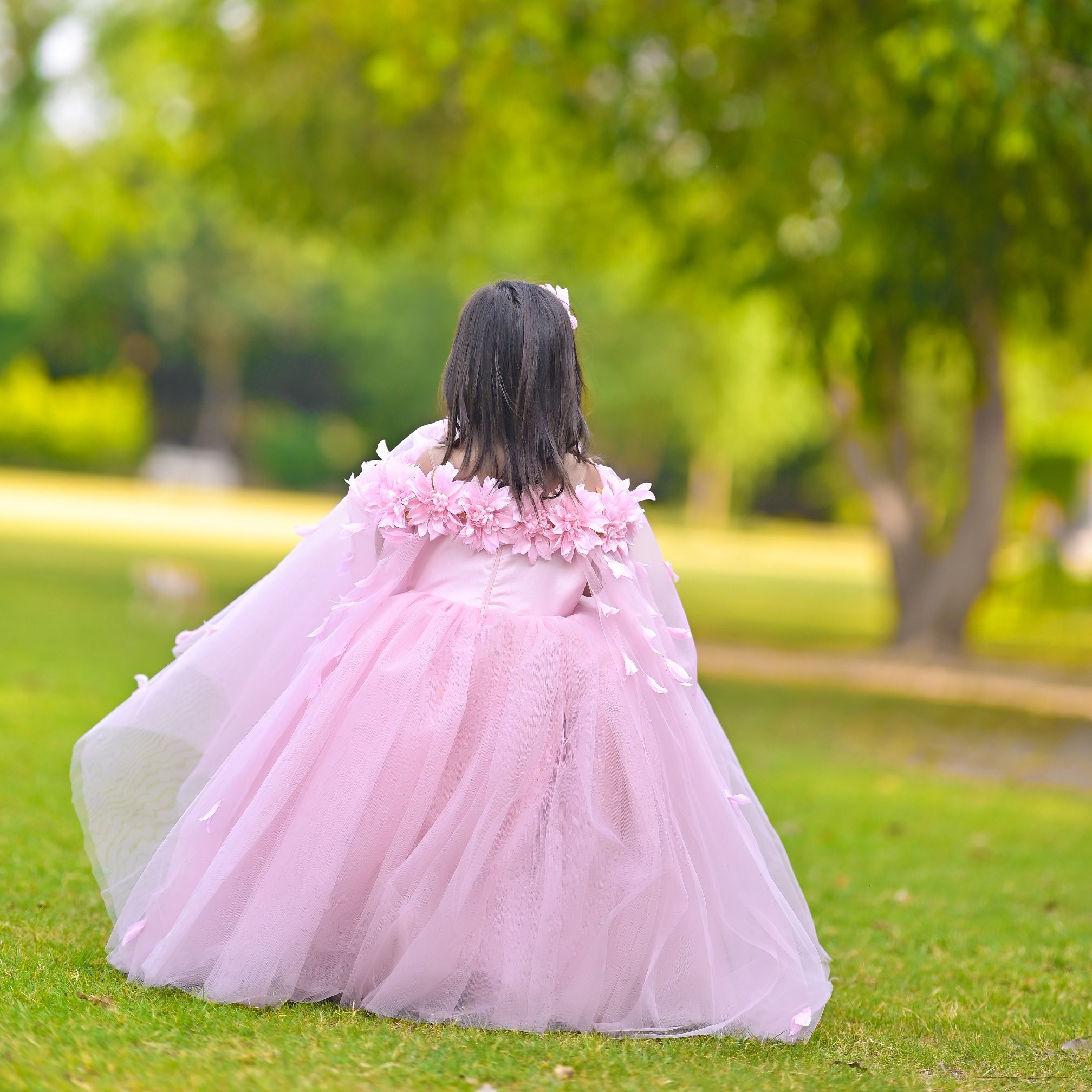 Blush Rose Petal Ballgown – handmade girls outfit, silk upper body with multi-layered net skirt, made to order in Pakistan