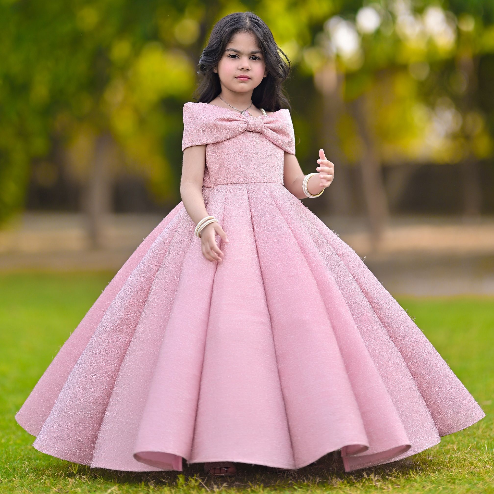Ruffled Moonlight Dress – handmade girls outfit, moonlight fabric with a pleated structure, made to order in Pakistan