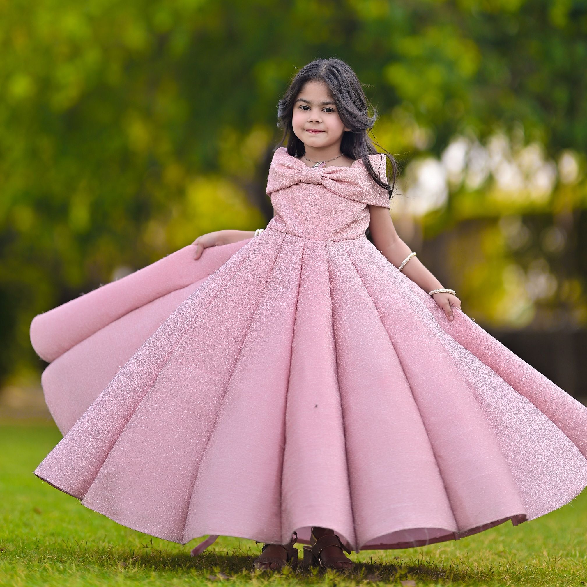 Ruffled Moonlight Dress – handmade girls outfit, moonlight fabric with a pleated structure, made to order in Pakistan