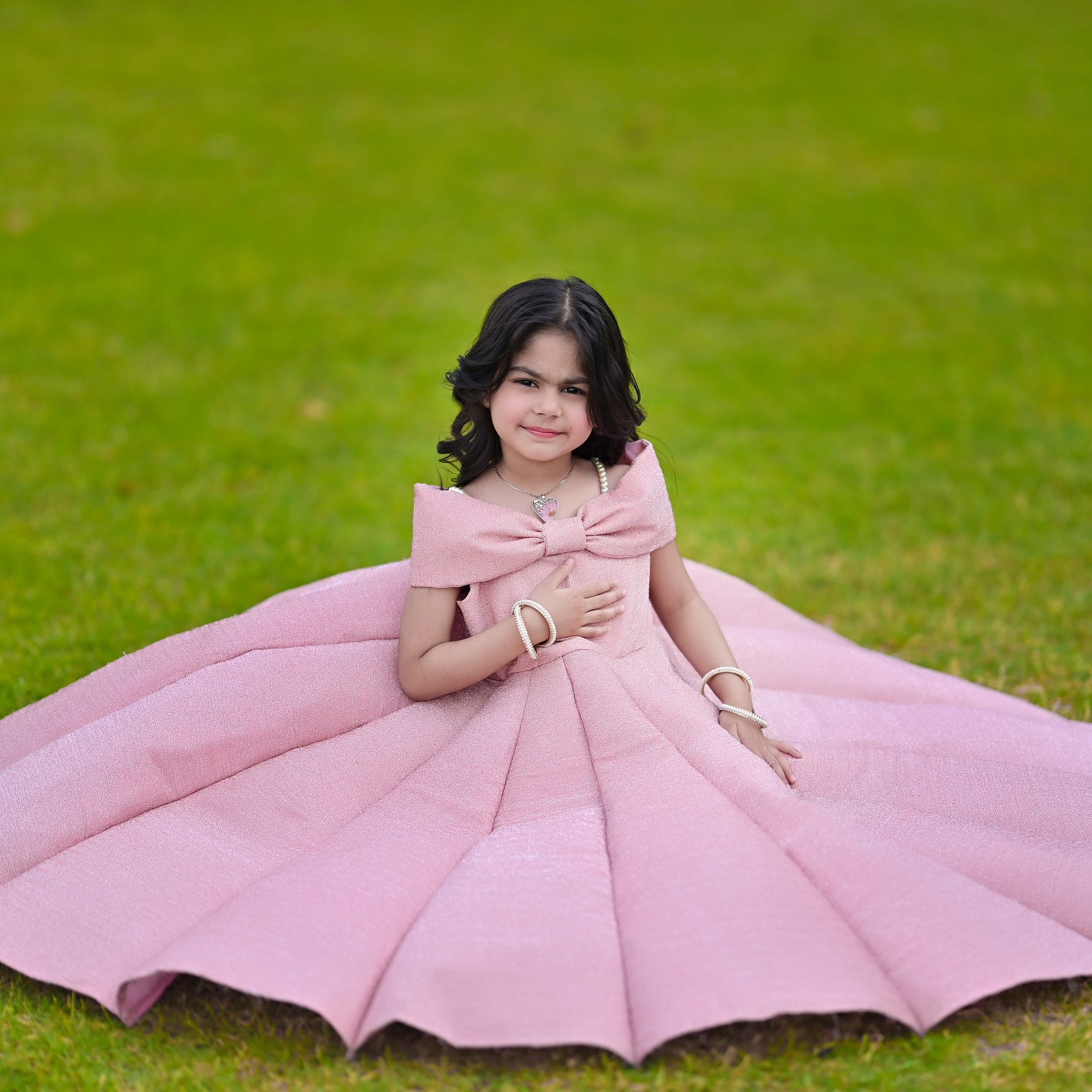 Ruffled Moonlight Dress – handmade girls outfit, moonlight fabric with a pleated structure, made to order in Pakistan