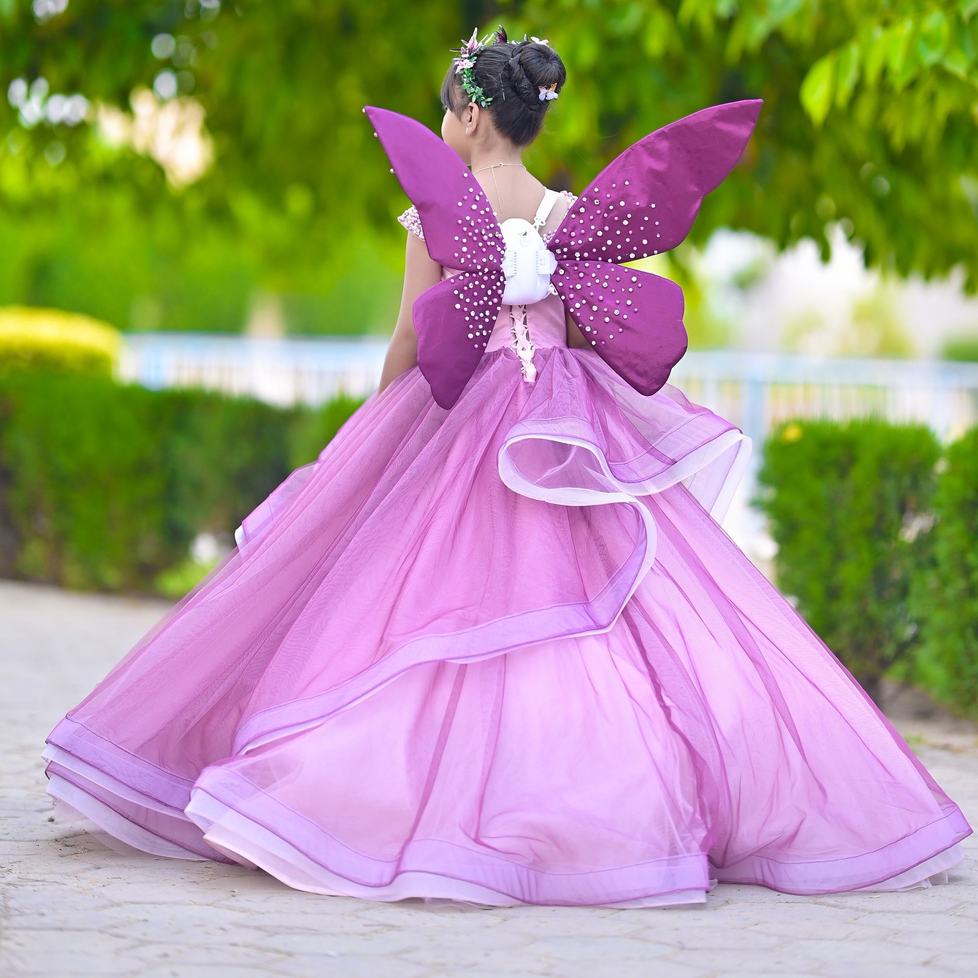Lavender Fairytale Ballgown – handmade girls outfit, silk upper body and layered net tiered skirt, made to order in Pakistan