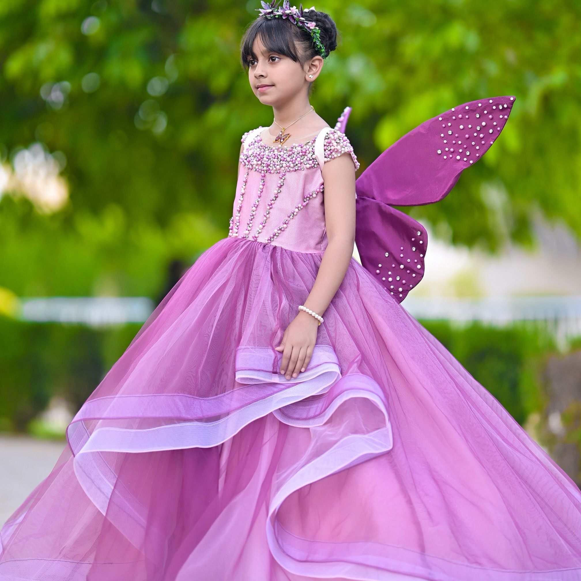 Lavender Fairytale Ballgown – handmade girls outfit, silk upper body and layered net tiered skirt, made to order in Pakistan
