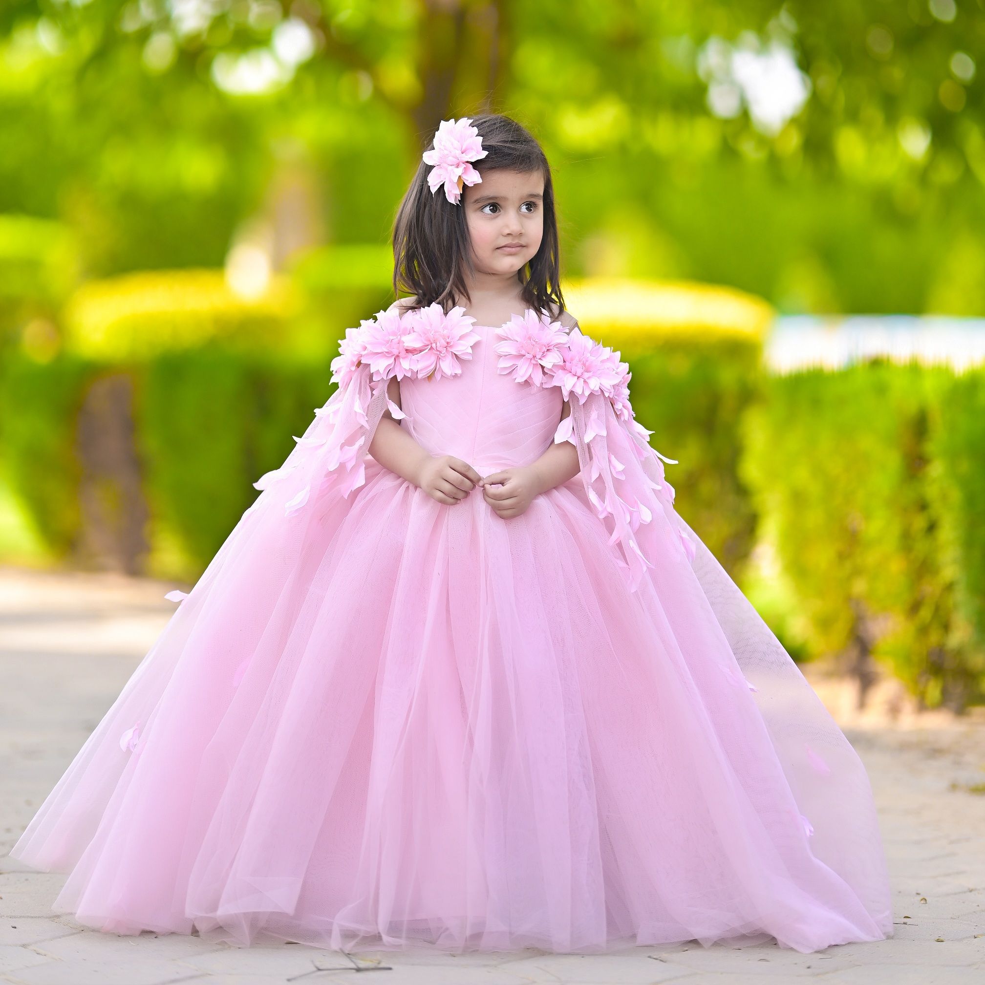 Blush Rose Petal Ballgown – handmade girls outfit, silk upper body with multi-layered net skirt, made to order in Pakistan