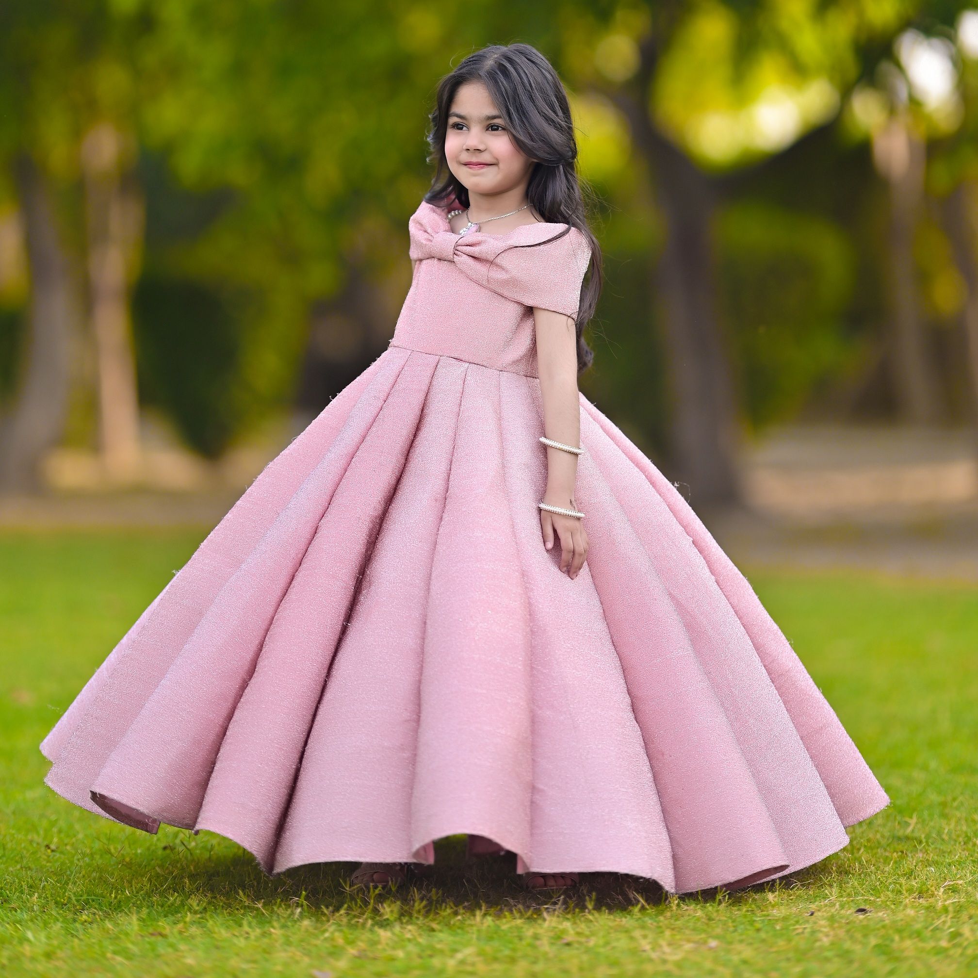 Ruffled Moonlight Dress – handmade girls outfit, moonlight fabric with a pleated structure, made to order in Pakistan
