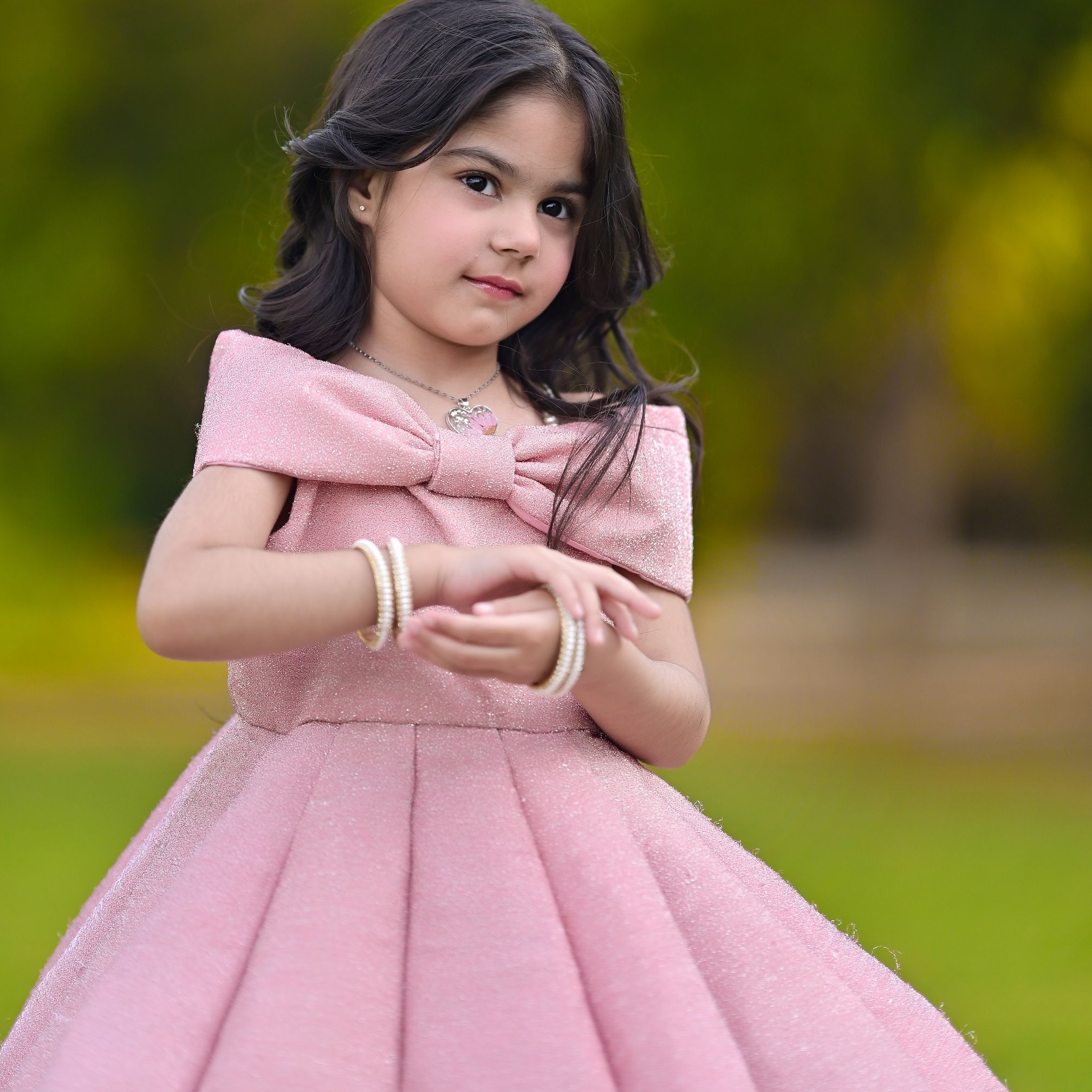 Ruffled Moonlight Dress – handmade girls outfit, moonlight fabric with a pleated structure, made to order in Pakistan