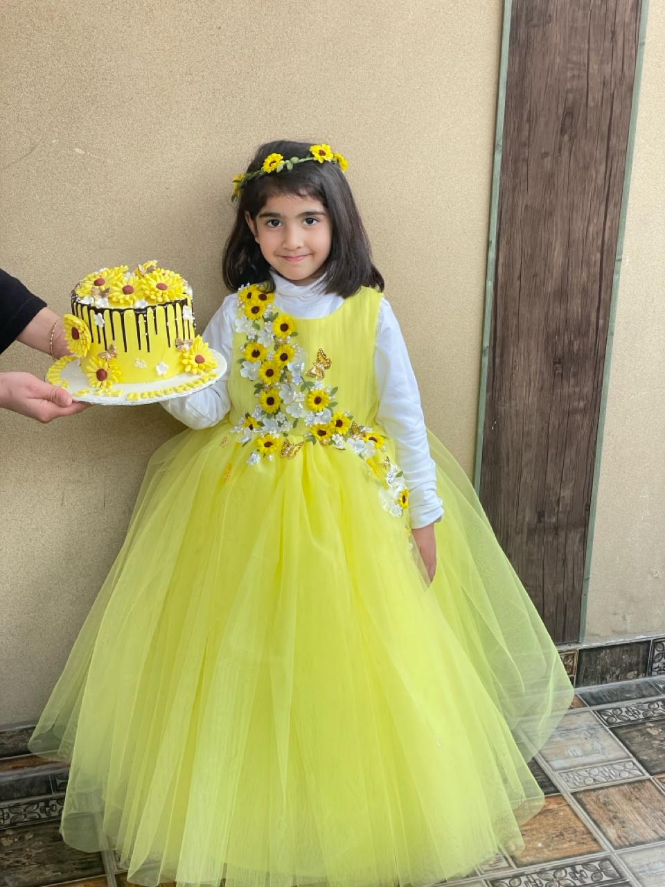 Sunflower Full Gown – handmade girls outfit, layered net over a silk body, made to order in Pakistan