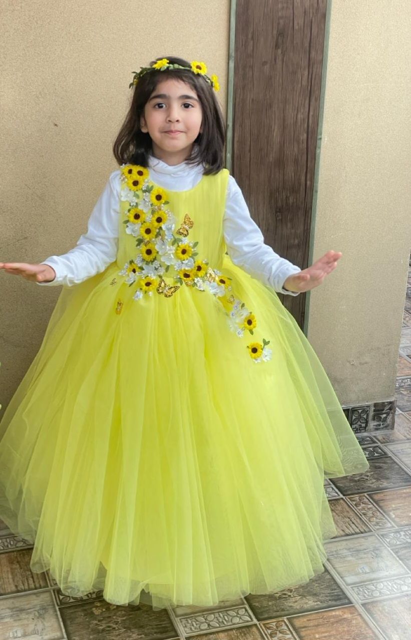 Sunflower Full Gown – handmade girls outfit, layered net over a silk body, made to order in Pakistan