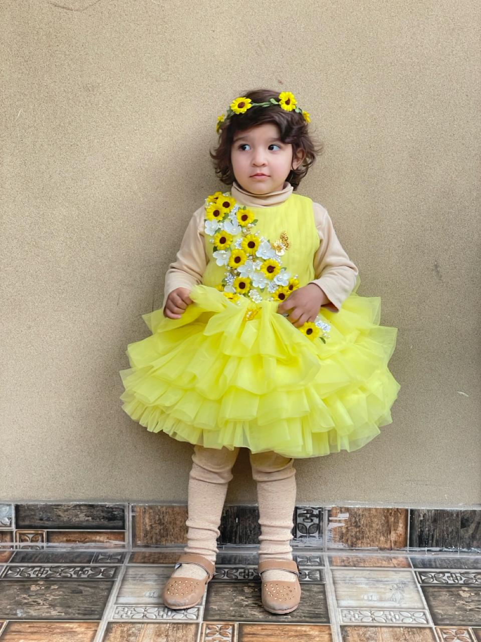 Yellow Ruffle Dress – handmade girls outfit, layered ruffled net with tiered detailing, made to order in Pakistan