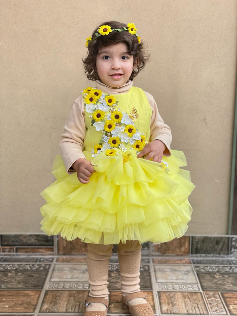 Yellow Ruffle Dress – handmade girls outfit, layered ruffled net with tiered detailing, made to order in Pakistan