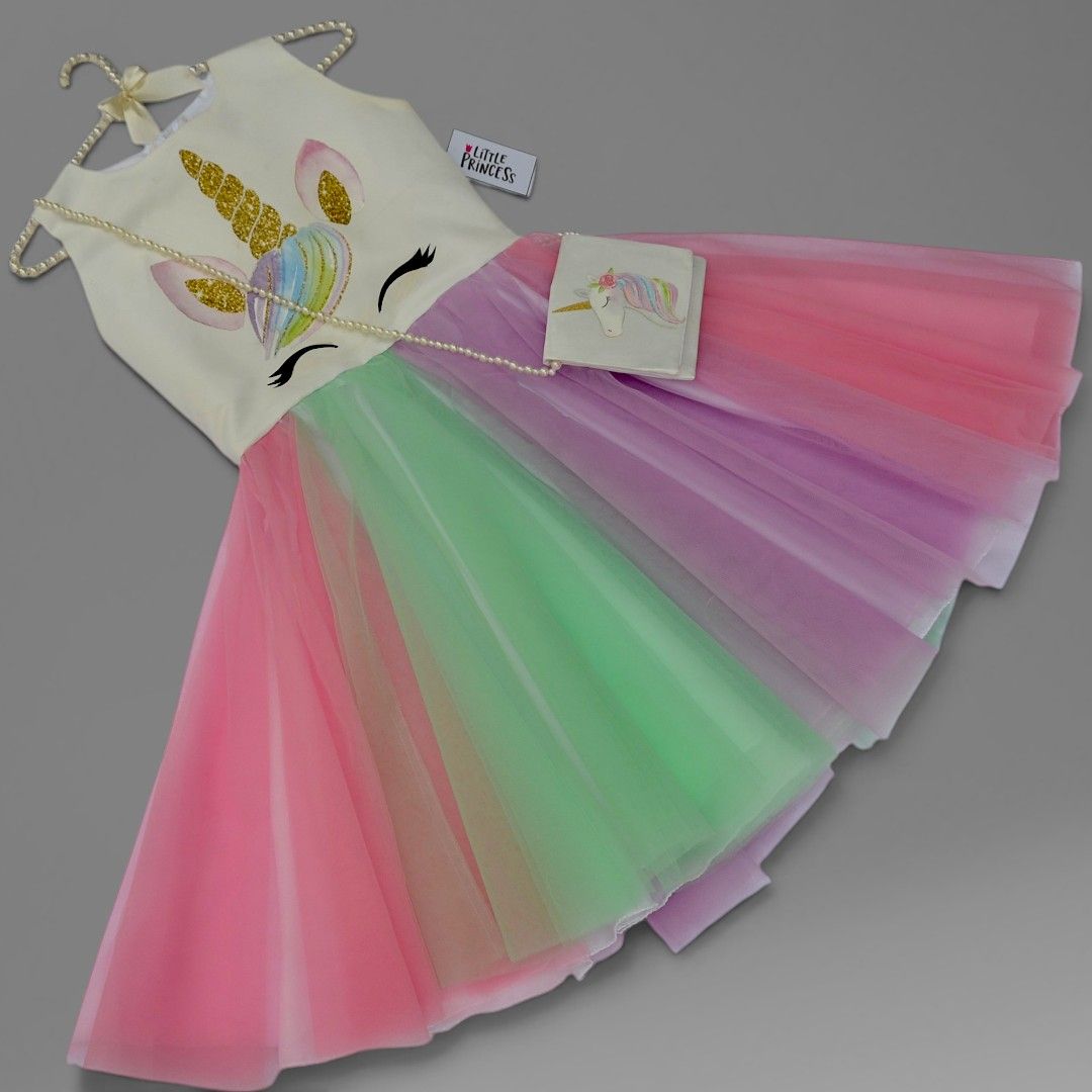 Unicorn Half Frock – handmade girls outfit, white silk upper body, net skirt lined with silk underneath, made to order in Pakistan