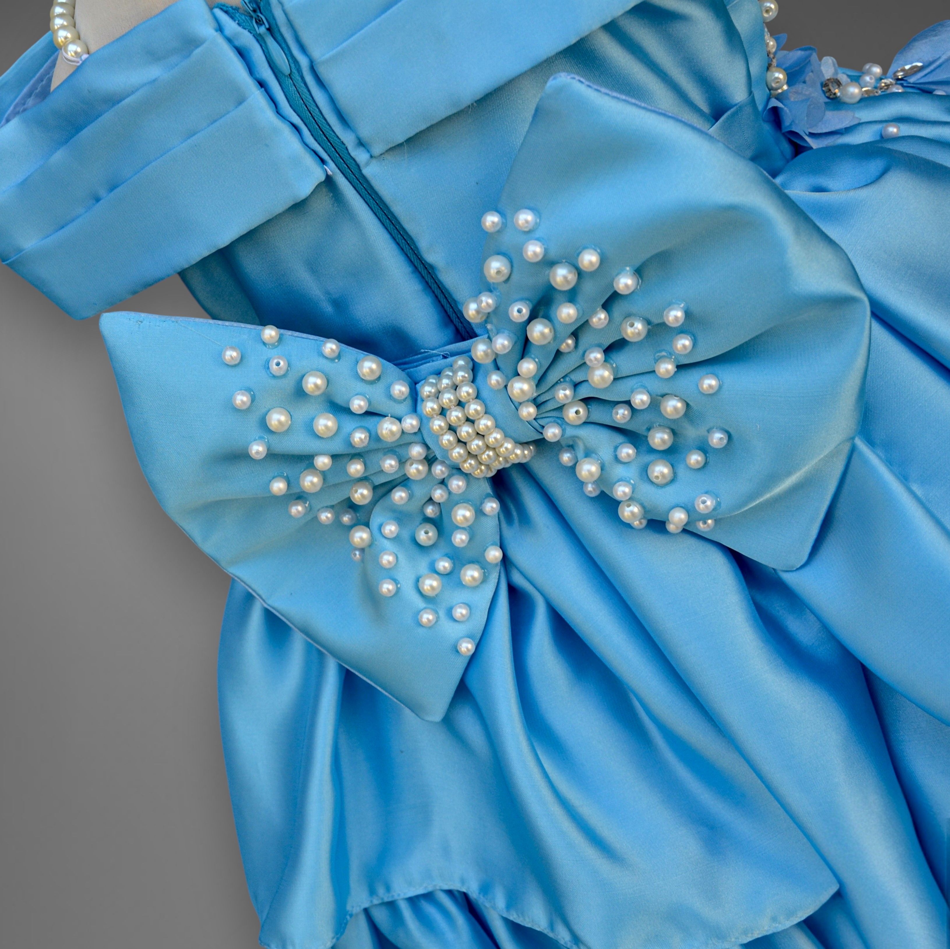 Blue Horizon Dress – handmade girls outfit, silk dress with a beaded floral body and a tiered skirt, made to order in Pakistan