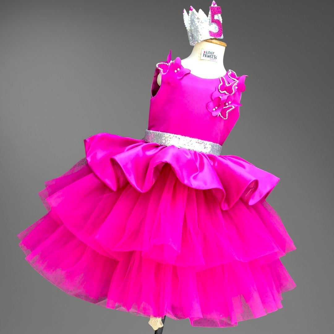 Magenta Butterfly Dress – handmade girls outfit, silk body with a layered net skirt, made to order in Pakistan
