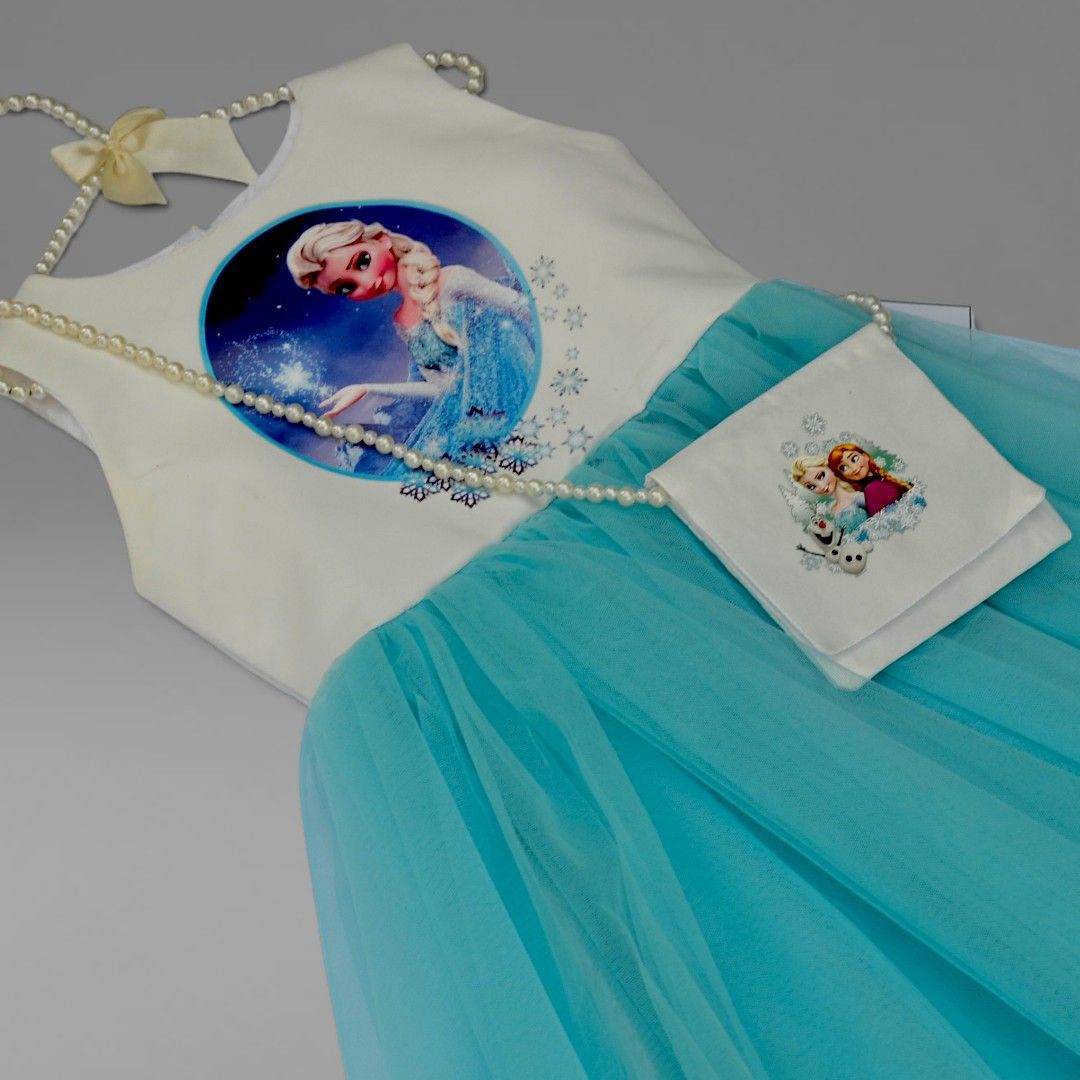 Frozen Half Frock – handmade girls outfit, white silk upper body, net skirt lined with silk underneath, made to order in Pakistan