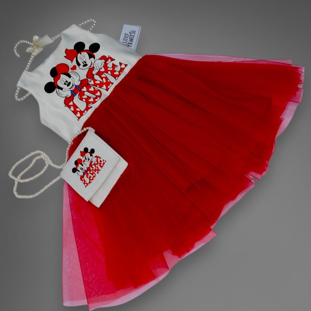 Mickey Mouse Half Frock – handmade girls outfit, white silk upper body, net skirt lined with silk underneath, made to order in Pakistan