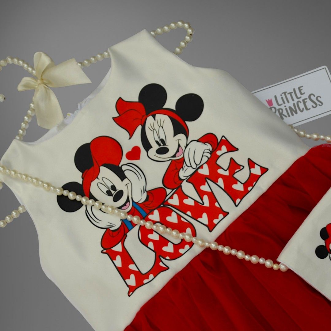 Mickey Mouse Half Frock – handmade girls outfit, white silk upper body, net skirt lined with silk underneath, made to order in Pakistan