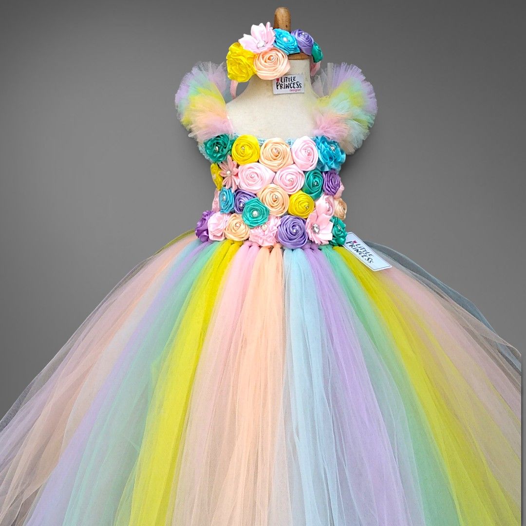 Light Flowered Tutu Dress – handmade girls outfit, crochet body and net skirt, made to order in Pakistan