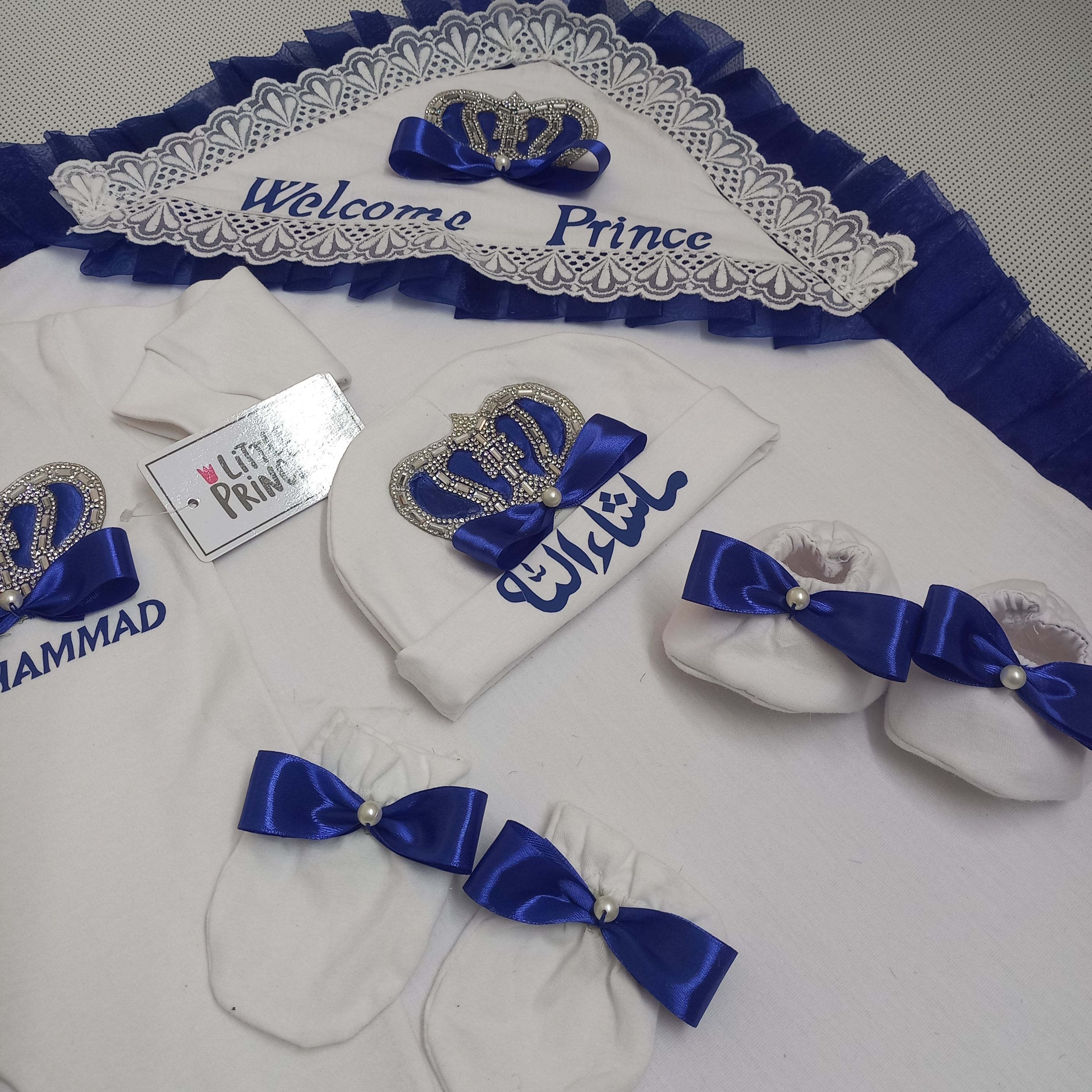 Welcome Prince Newborn Set – handmade baby outfit, cotton set with ribbon bow and crown details, made to order in Pakistan