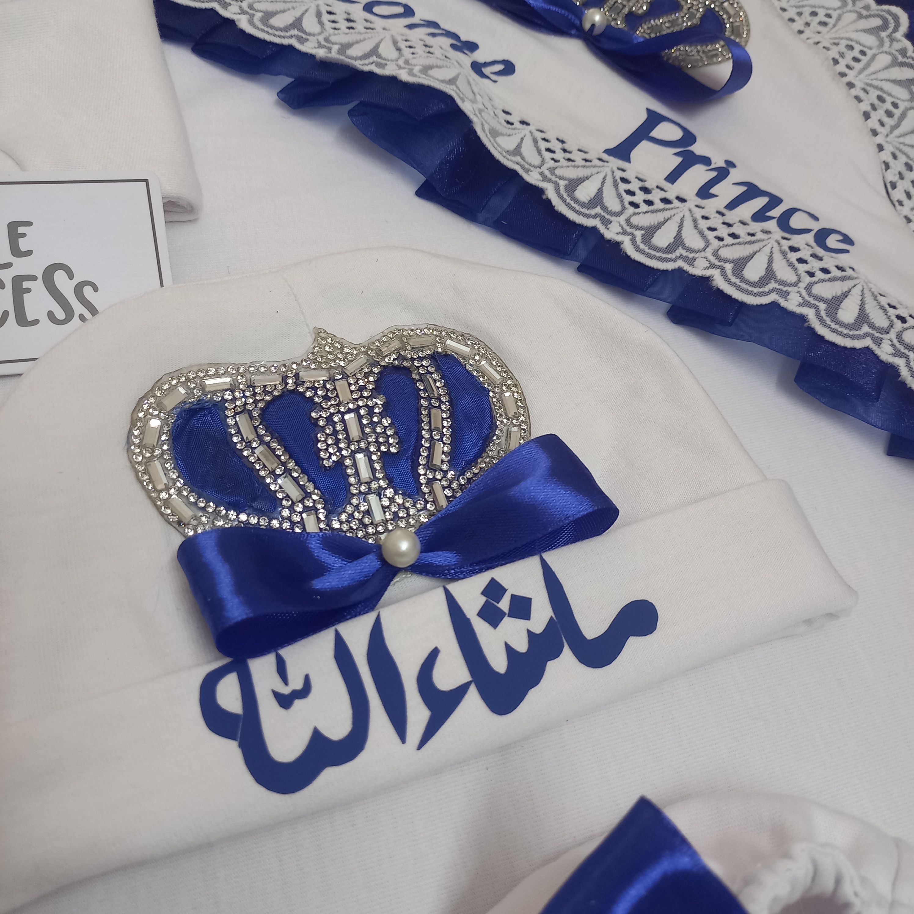 Welcome Prince Newborn Set – handmade baby outfit, cotton set with ribbon bow and crown details, made to order in Pakistan