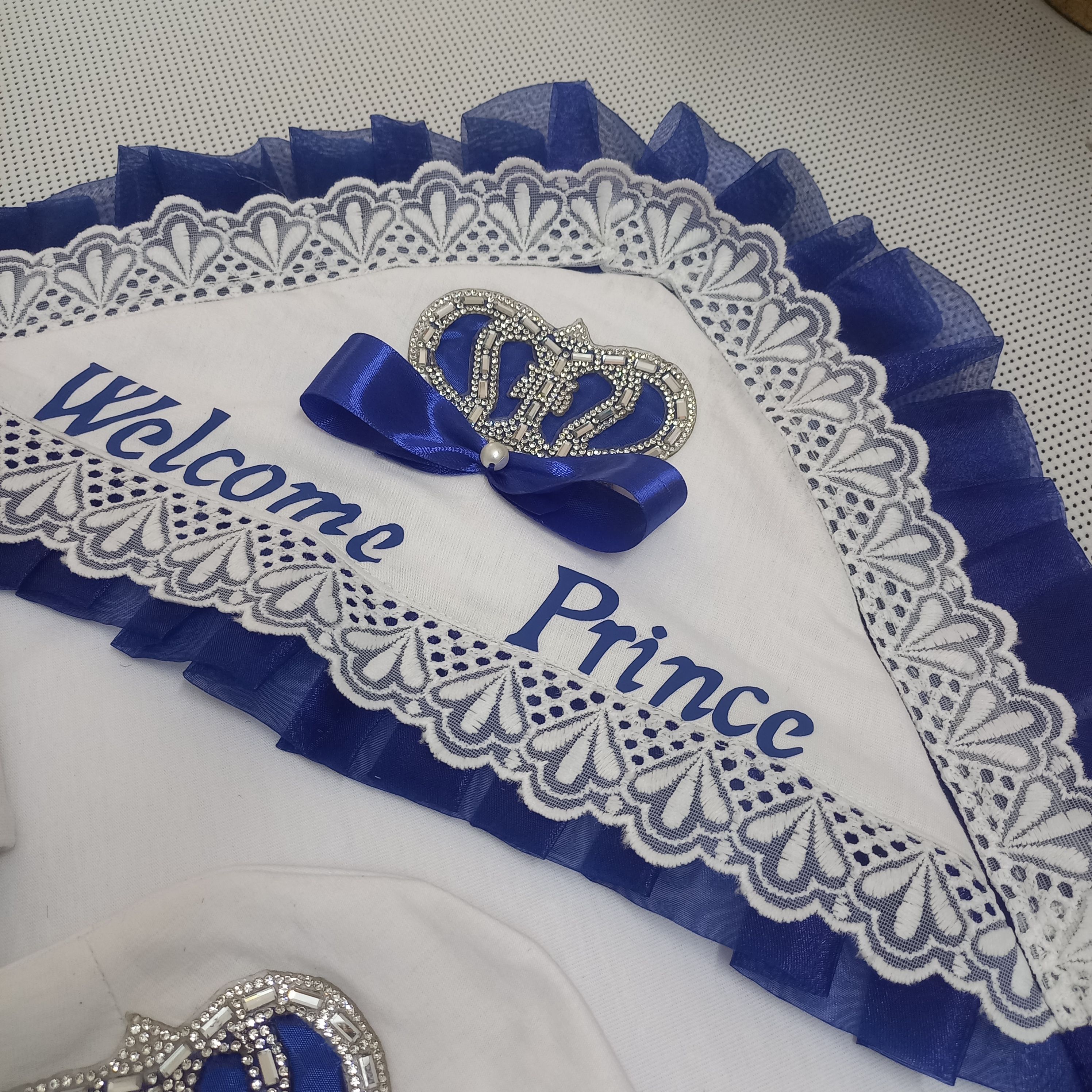 Welcome Prince Newborn Set – handmade baby outfit, cotton set with ribbon bow and crown details, made to order in Pakistan