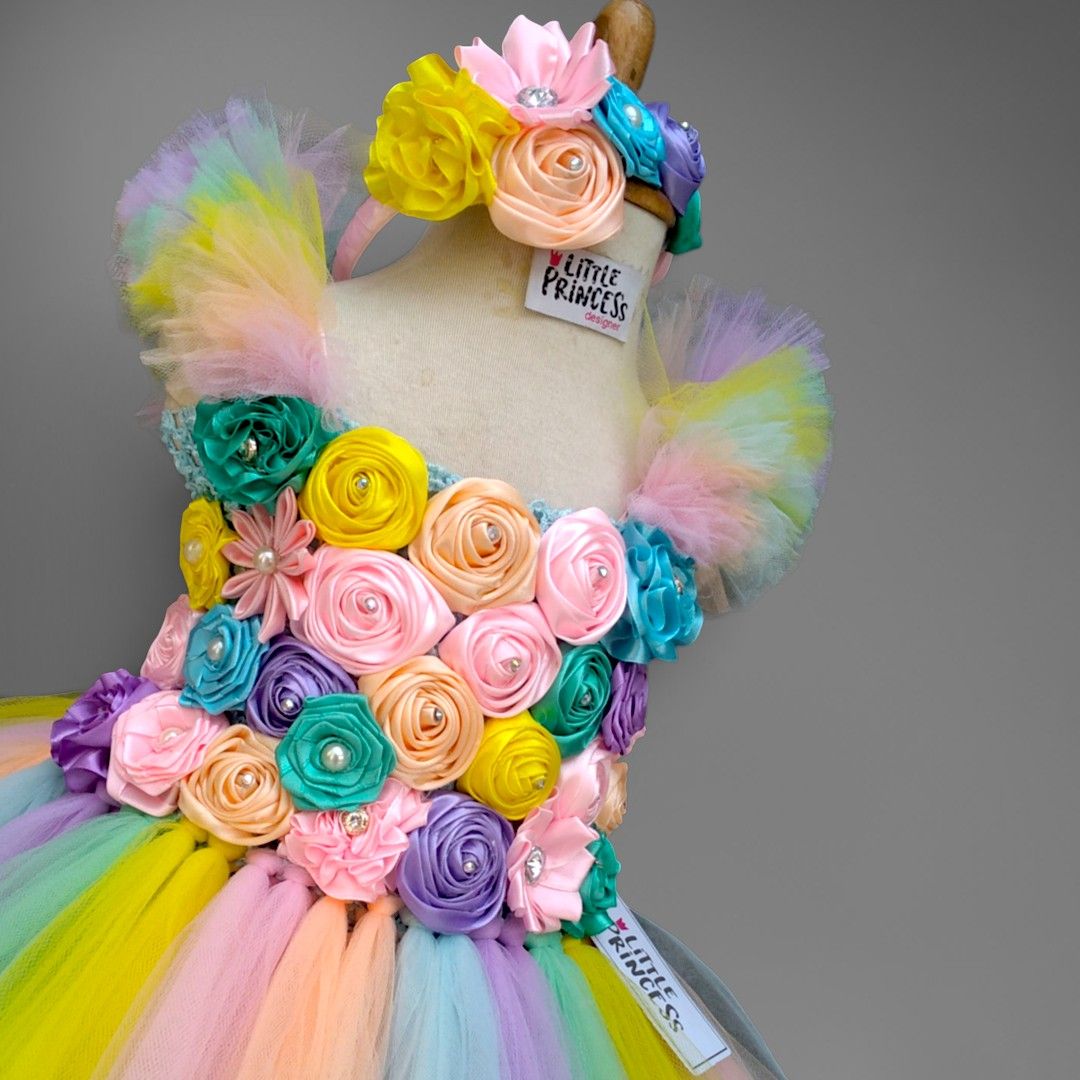 Light Flowered Tutu Dress – handmade girls outfit, crochet body and net skirt, made to order in Pakistan
