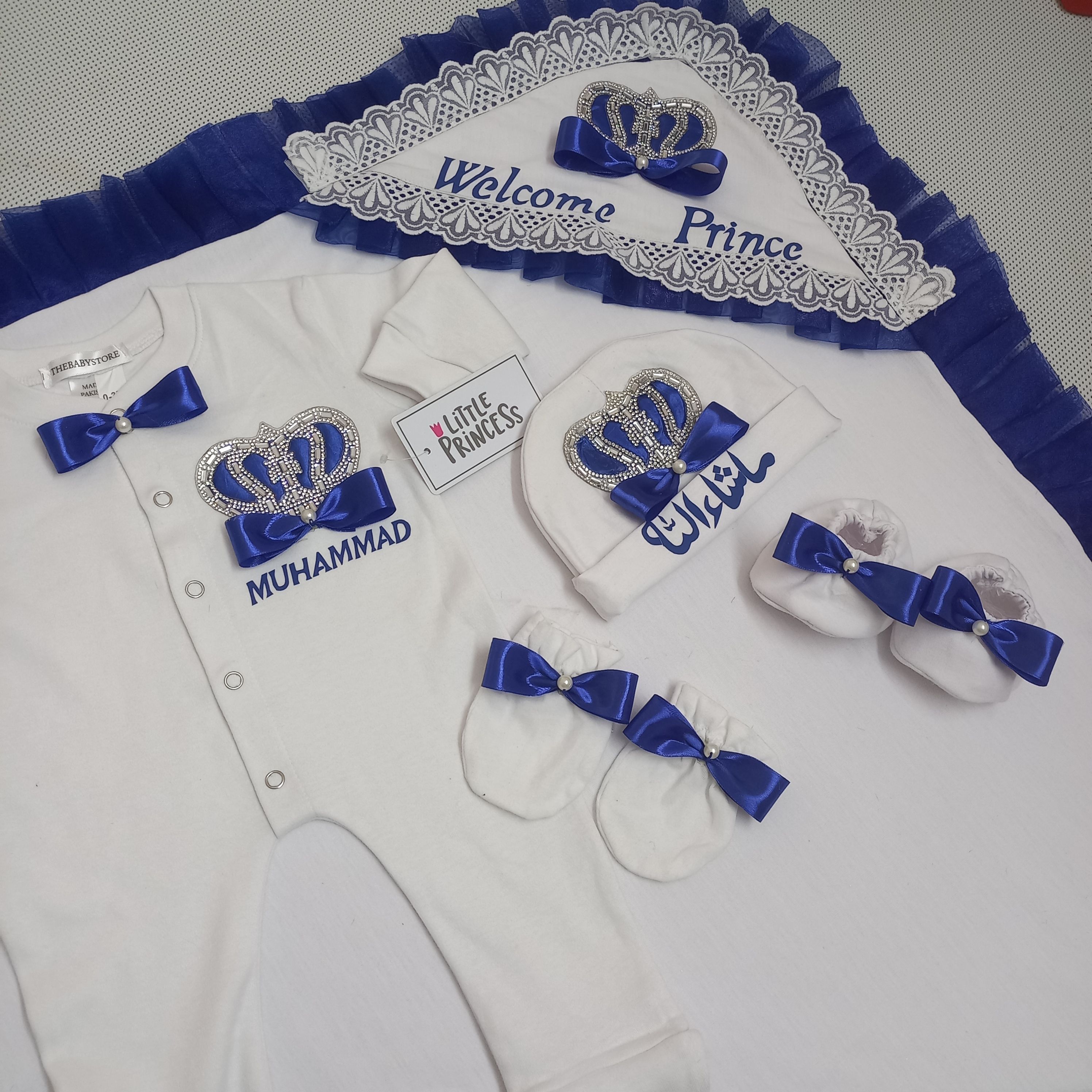 Welcome Prince Newborn Set – handmade baby outfit, cotton set with ribbon bow and crown details, made to order in Pakistan