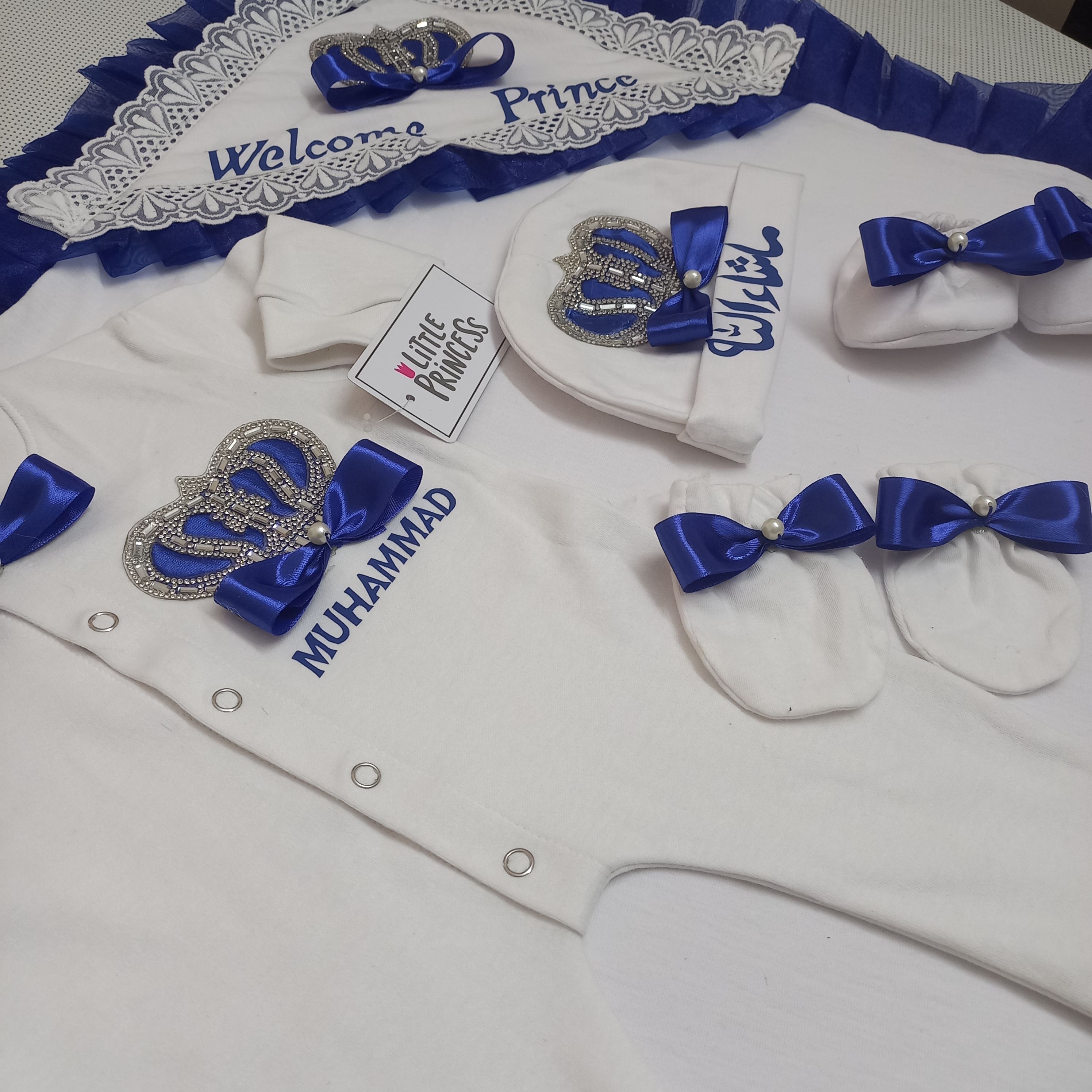 Welcome Prince Newborn Set – handmade baby outfit, cotton set with ribbon bow and crown details, made to order in Pakistan