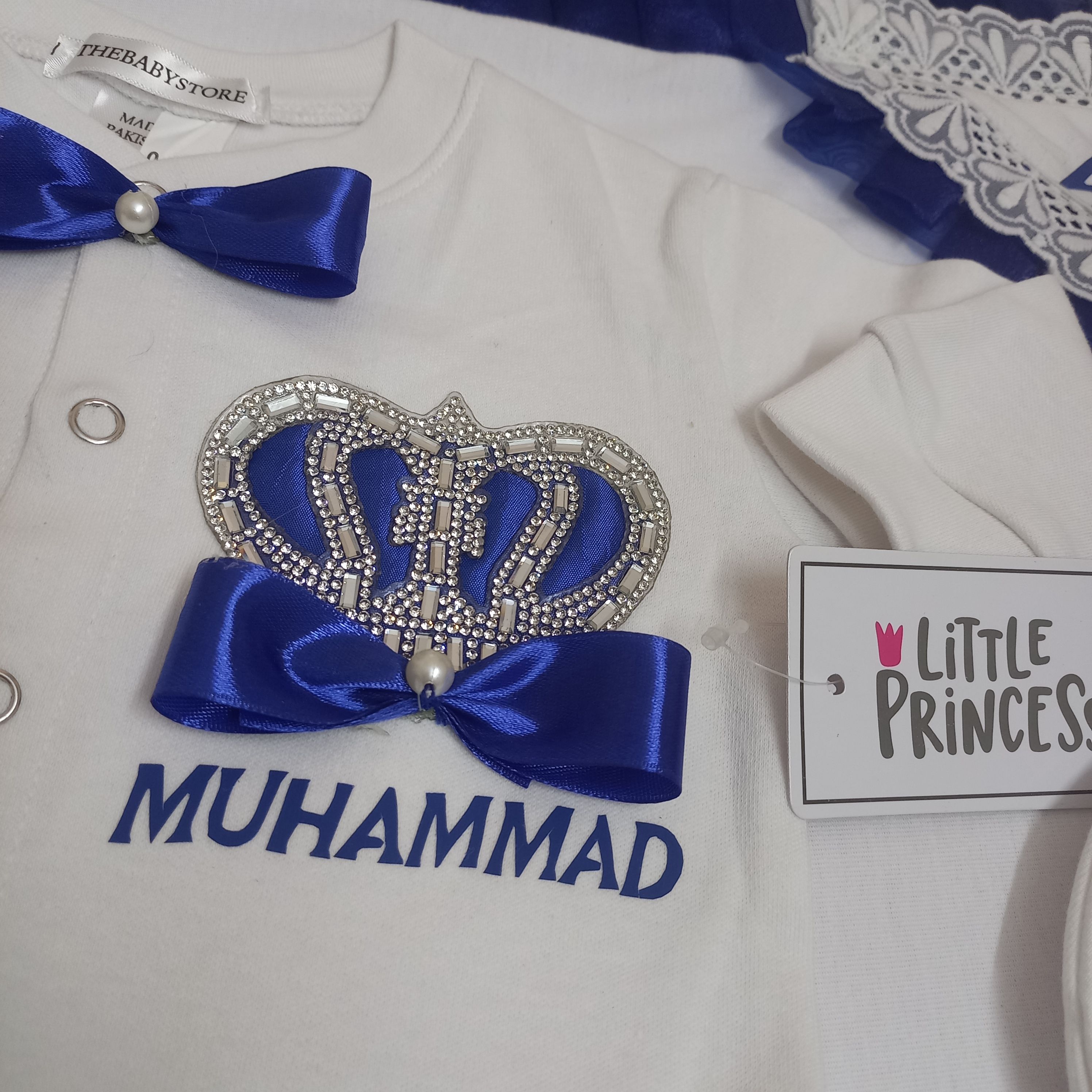 Welcome Prince Newborn Set – handmade baby outfit, cotton set with ribbon bow and crown details, made to order in Pakistan