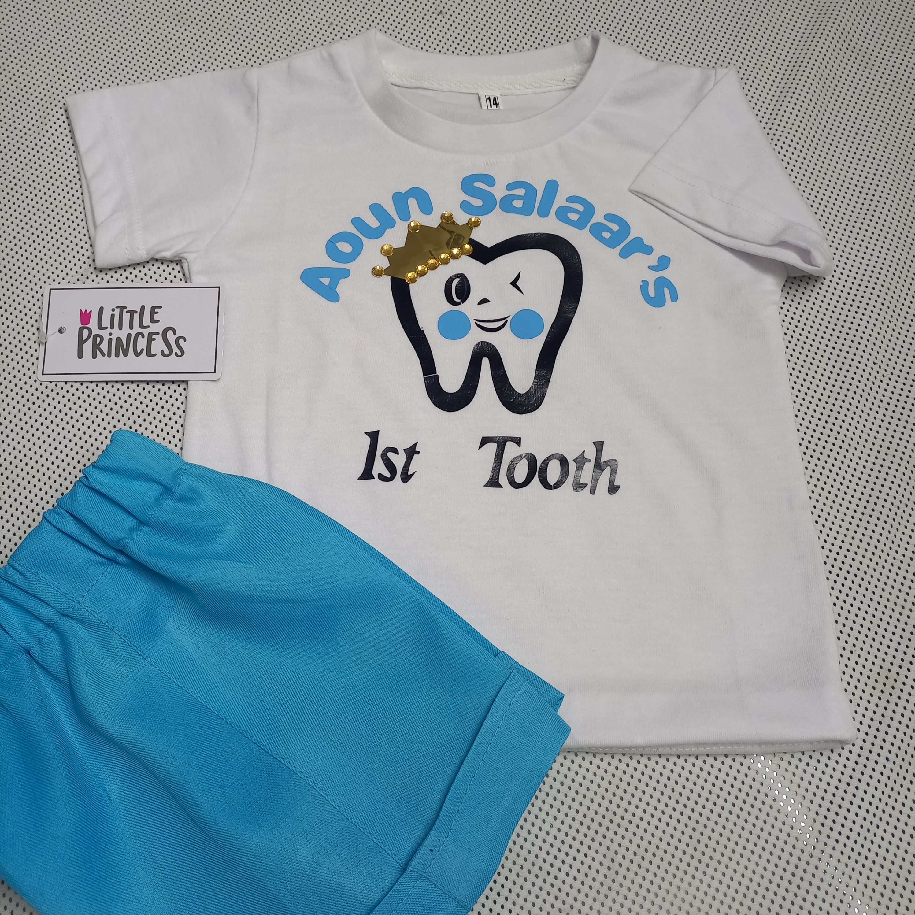First Tooth Boy Outfit (Summers) – handmade boys outfit, cotton shirt with silk shorts, made to order in Pakistan