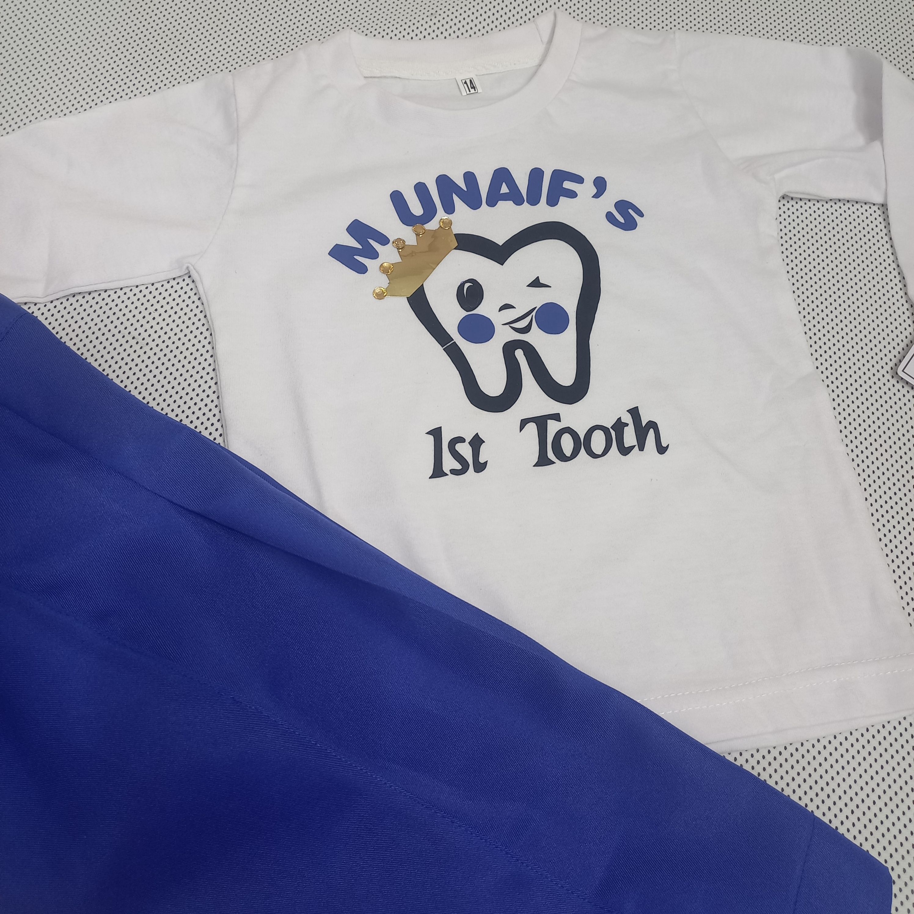 First Tooth Outfit (Navy Blue) – handmade boys outfit, cotton shirt with silk pants, made to order in Pakistan