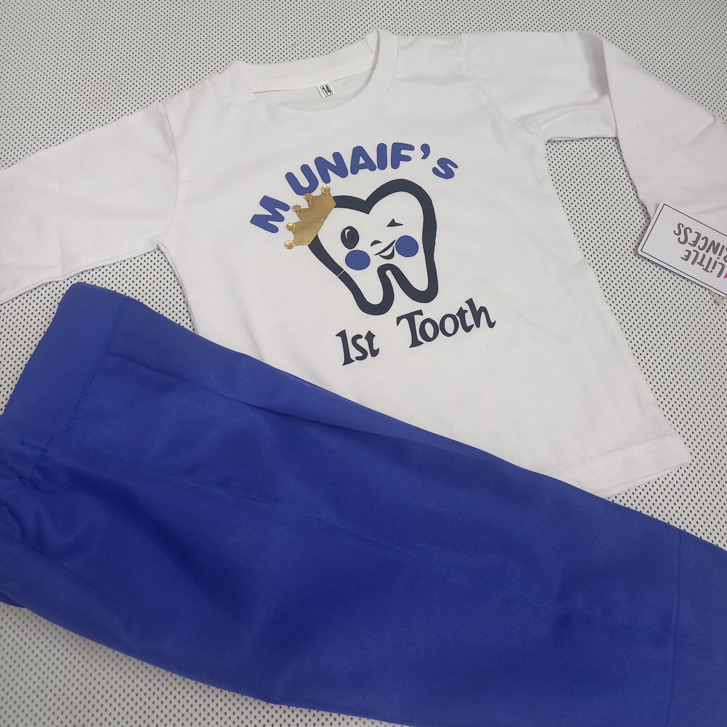 First Tooth Outfit (Navy Blue) – handmade boys outfit, cotton shirt with silk pants, made to order in Pakistan