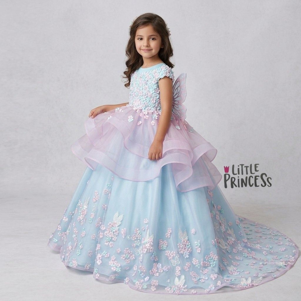 Pastel Silk and Organza Gown – handmade girls outfit, organza and silk gown with a beaded body, made to order in Pakistan