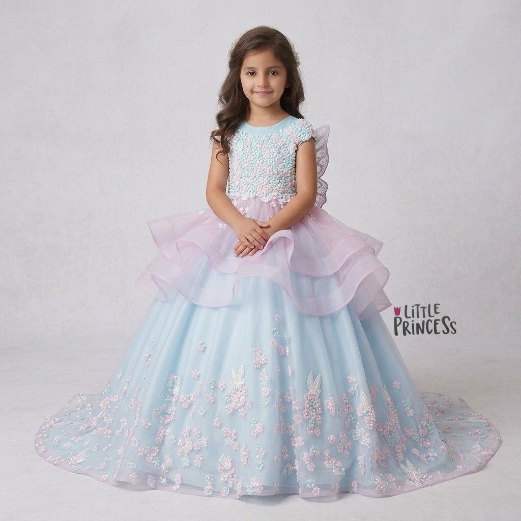 Pastel Silk and Organza Gown – handmade girls outfit, organza and silk gown with a beaded body, made to order in Pakistan