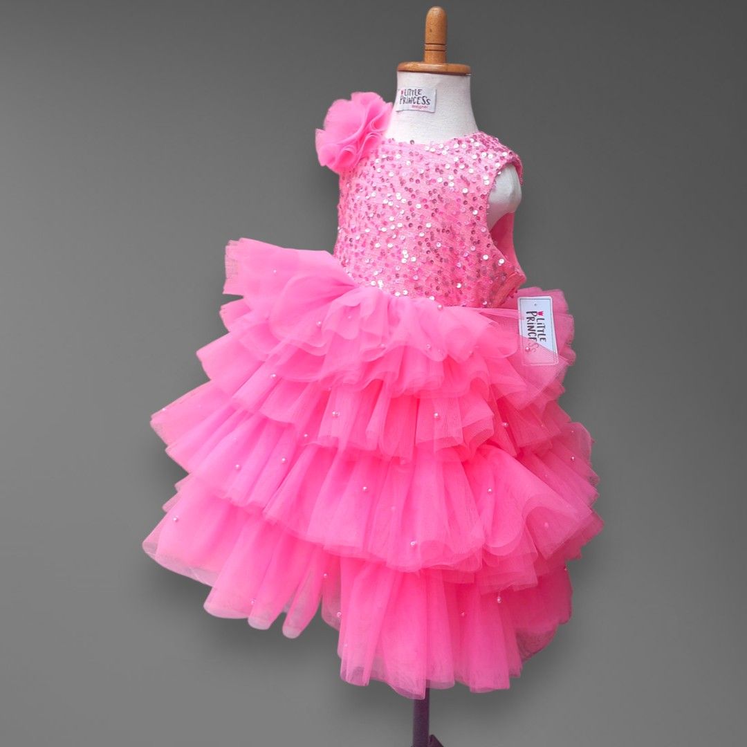 Pink Ruffle High Low – handmade girls outfit, sequin body with a ruffled net skirt, made to order in Pakistan