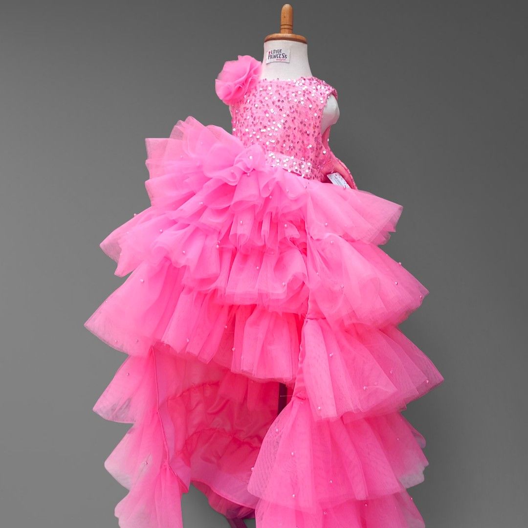 Pink Ruffle High Low – handmade girls outfit, sequin body with a ruffled net skirt, made to order in Pakistan