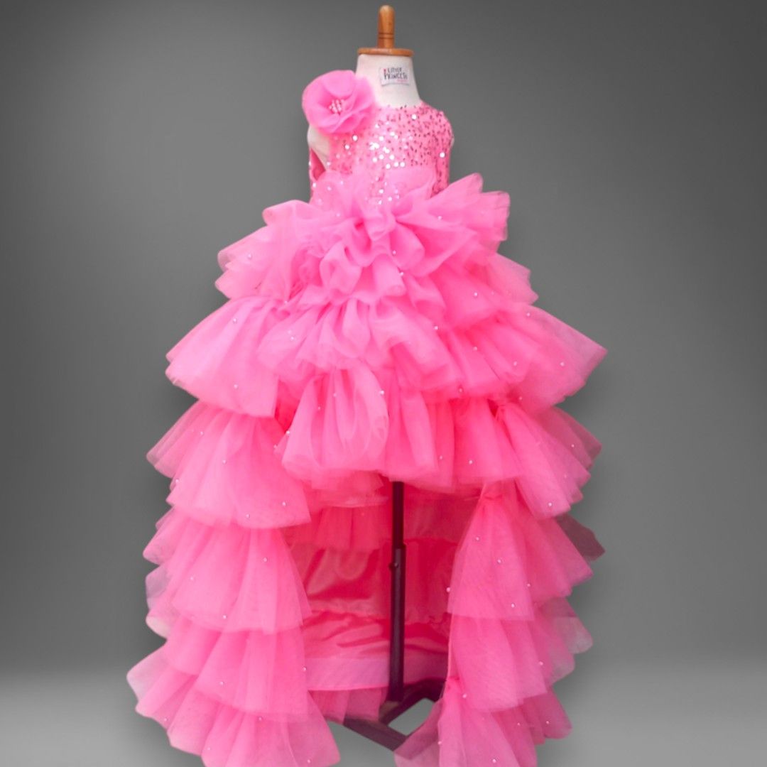 Pink Ruffle High Low – handmade girls outfit, sequin body with a ruffled net skirt, made to order in Pakistan