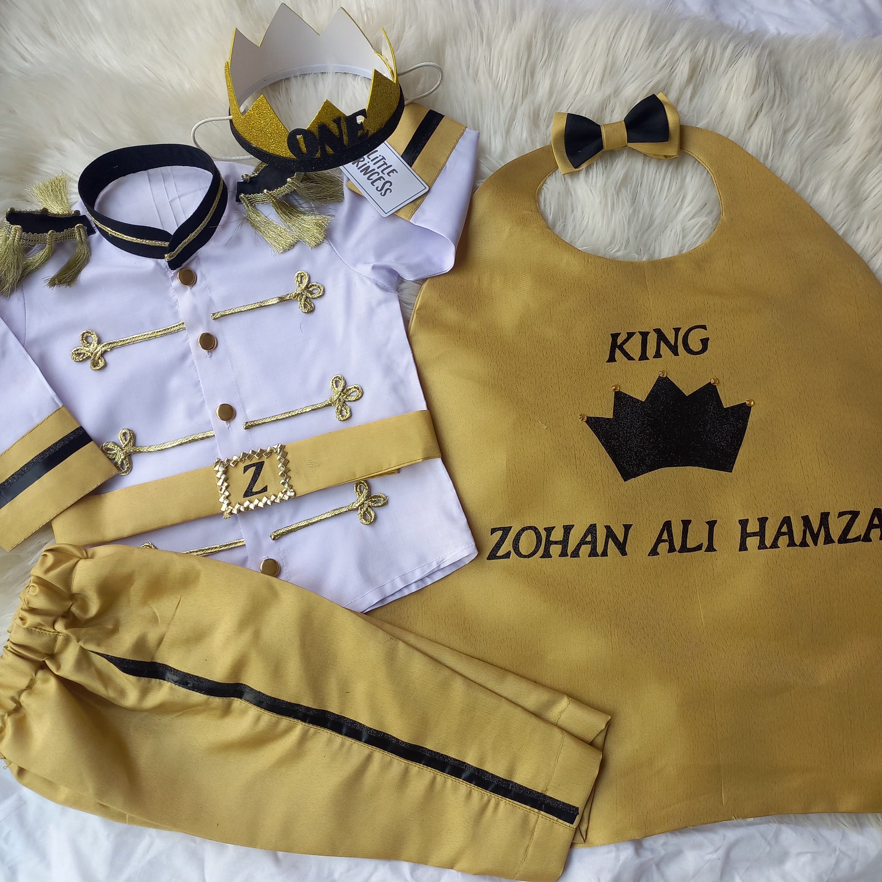 Golden Prince Dress (5 Piece) – handmade boys outfit, uniform shirt with silk trousers and cape, made to order in Pakistan