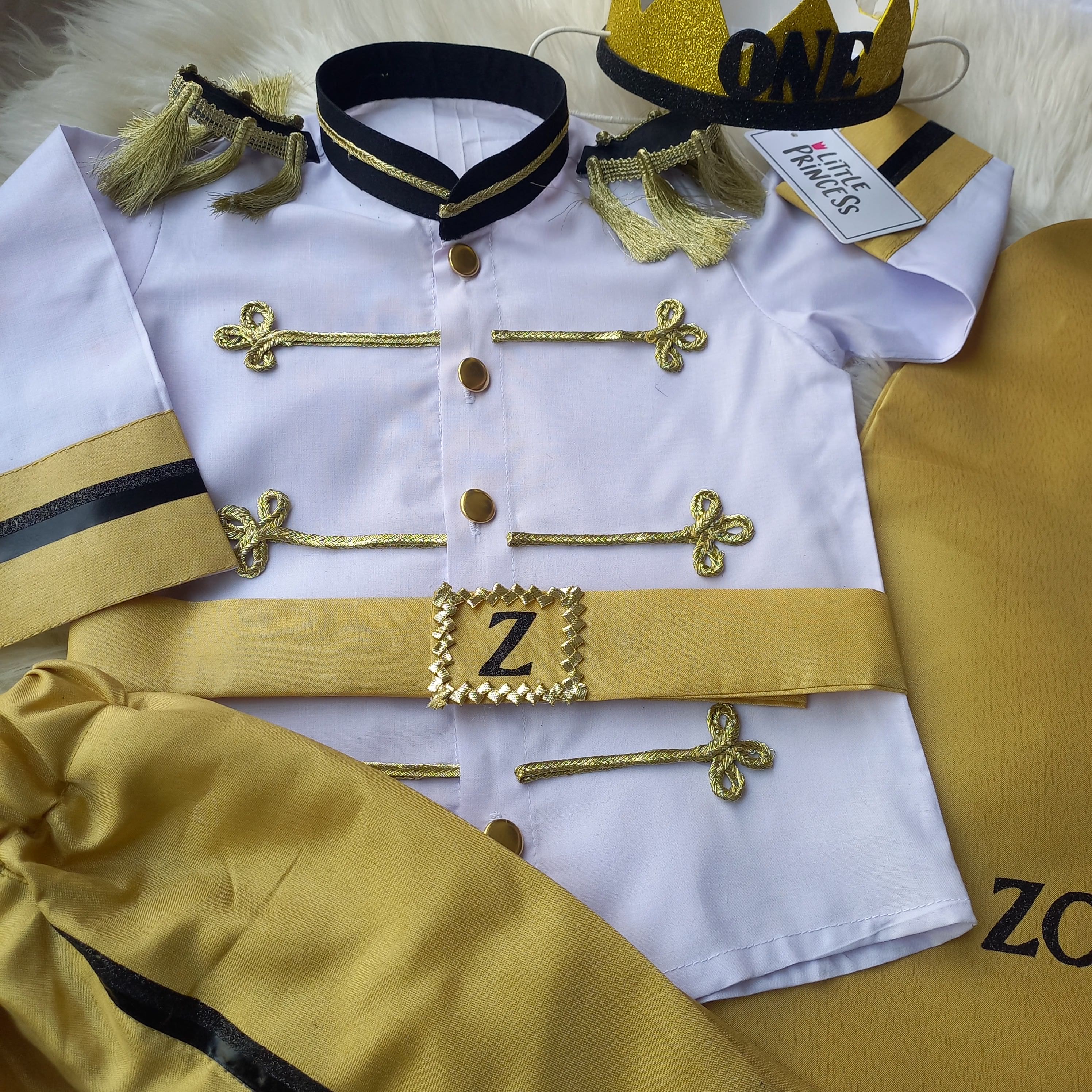 Golden Prince Dress (5 Piece) – handmade boys outfit, uniform shirt with silk trousers and cape, made to order in Pakistan